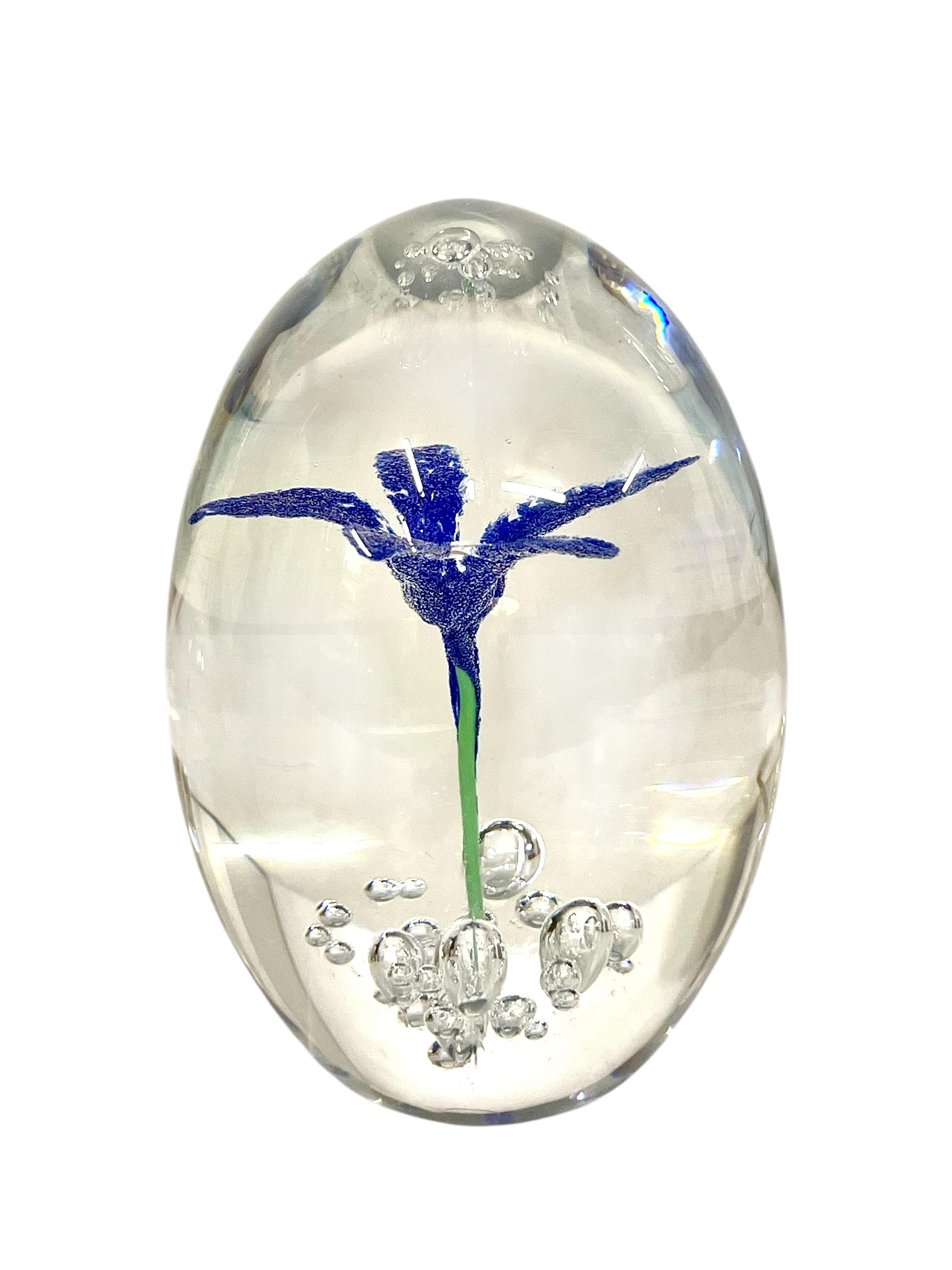 By DAUM Sulphide Paperweight with Blue Flower For Sale 7