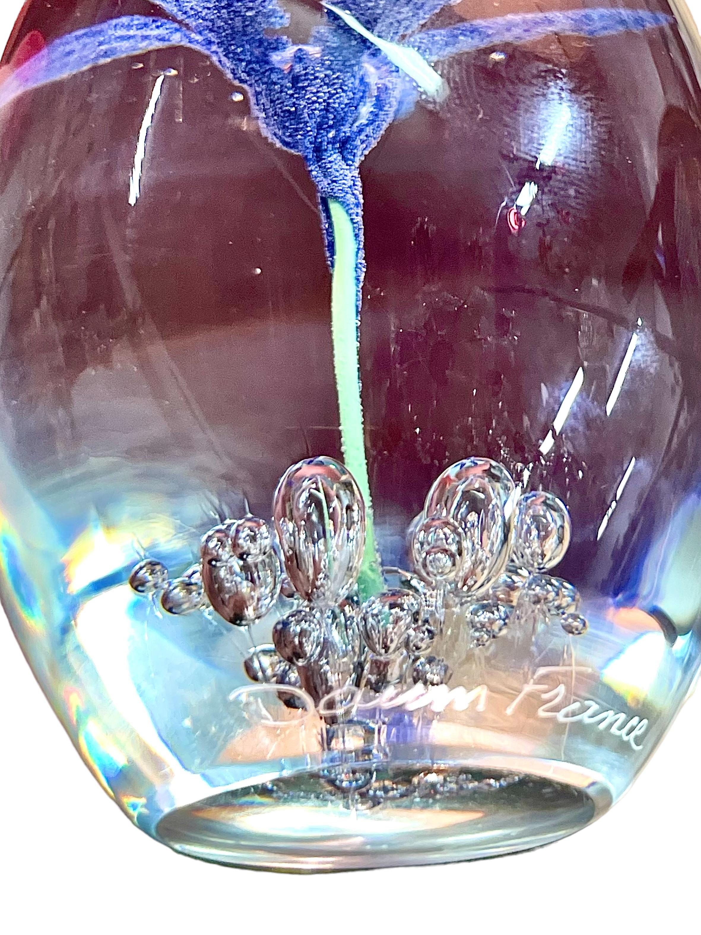 French By DAUM Sulphide Paperweight with Blue Flower For Sale