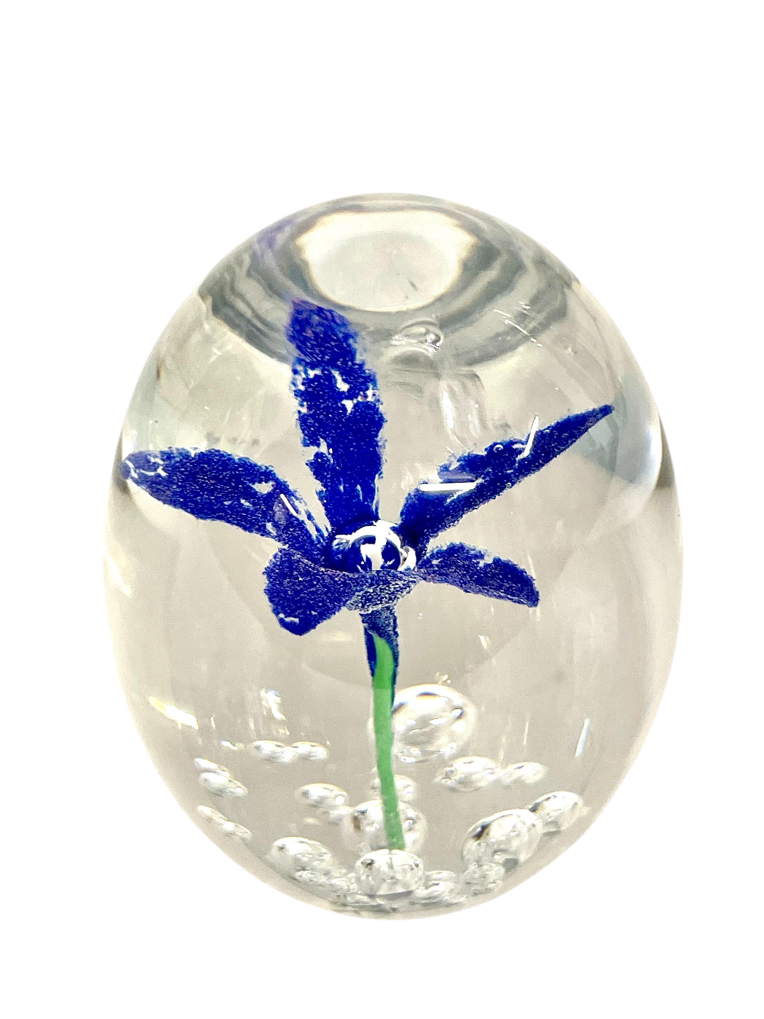Crystal By DAUM Sulphide Paperweight with Blue Flower For Sale