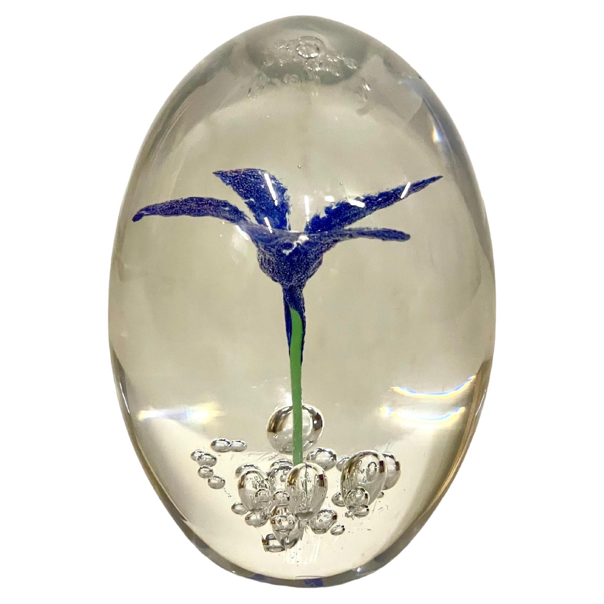 By DAUM Sulphide Paperweight with Blue Flower For Sale