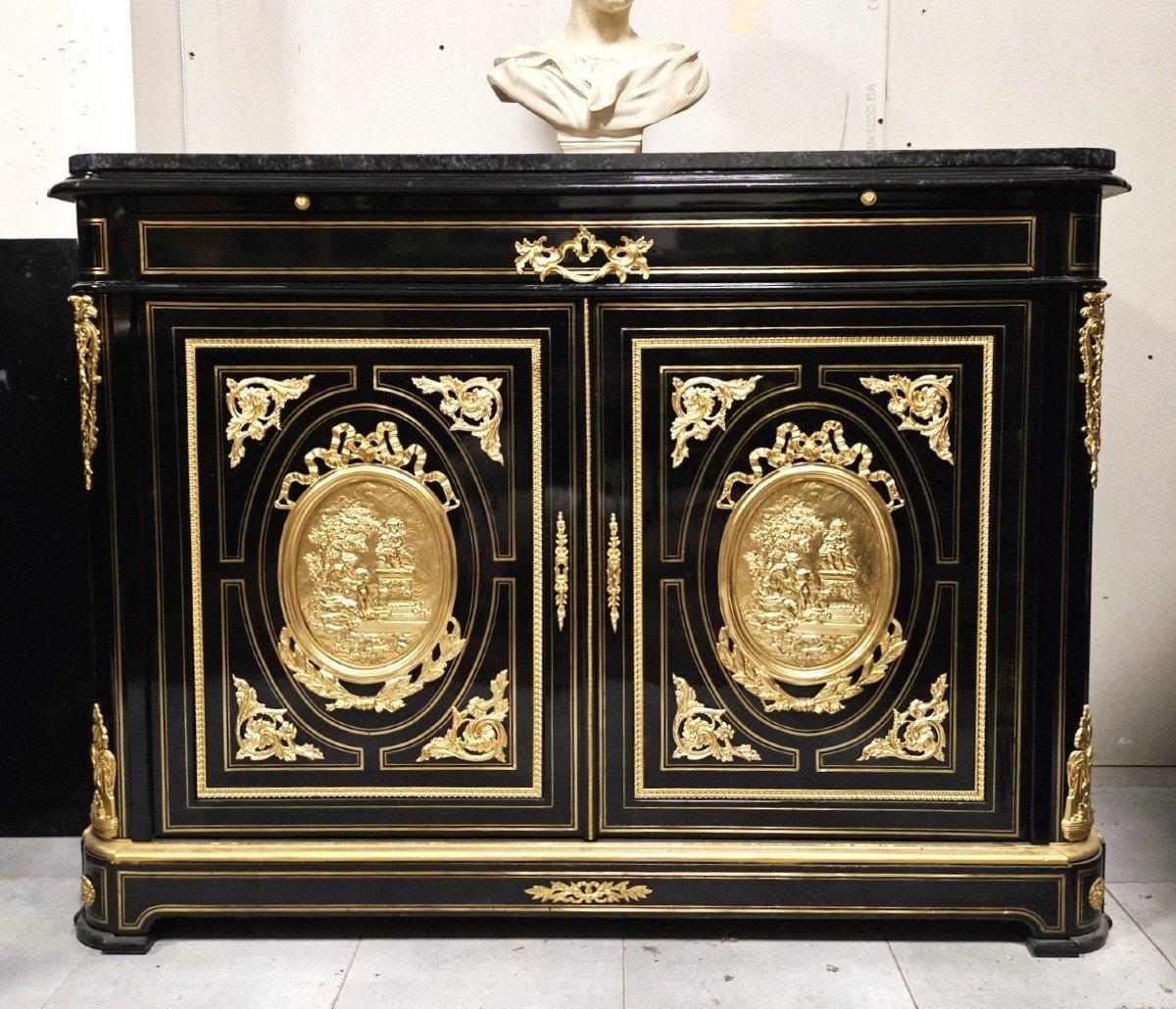 By Diehl Black French Cabinet and writing desk  Boulle Marquetry Napoleon III 4