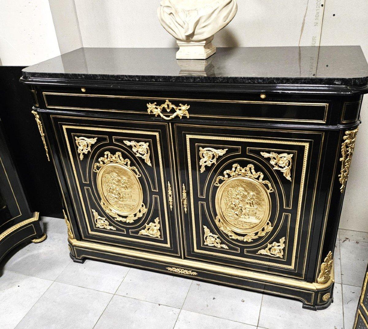 Diehl 2 Door  Cabinet In Boulle Marquetry With Medallions, Napoleon III Period, Very beautiful and rare support piece of furniture forming a writing desk, two doors, with a high drawer and a sliding top. Marquetry of brass threads, important