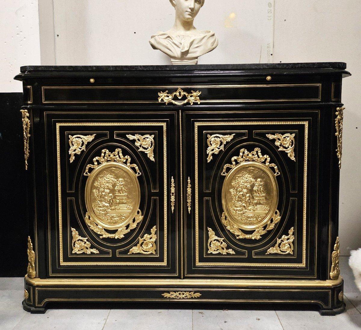 By Diehl Black French Cabinet and writing desk  Boulle Marquetry Napoleon III 2