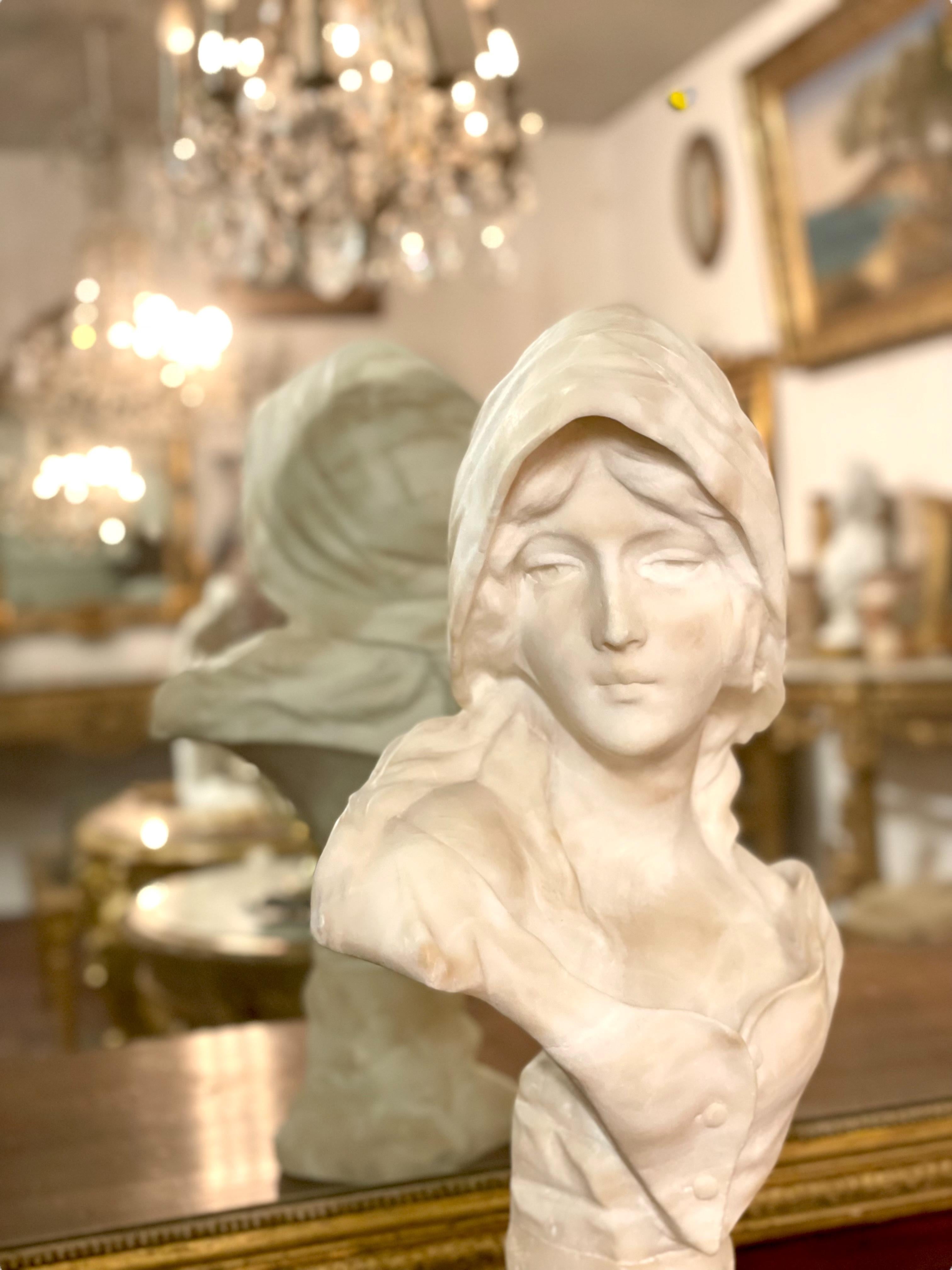 Fine Alabaster Bust of a Young Woman by French Artist Georges Morin For Sale 2