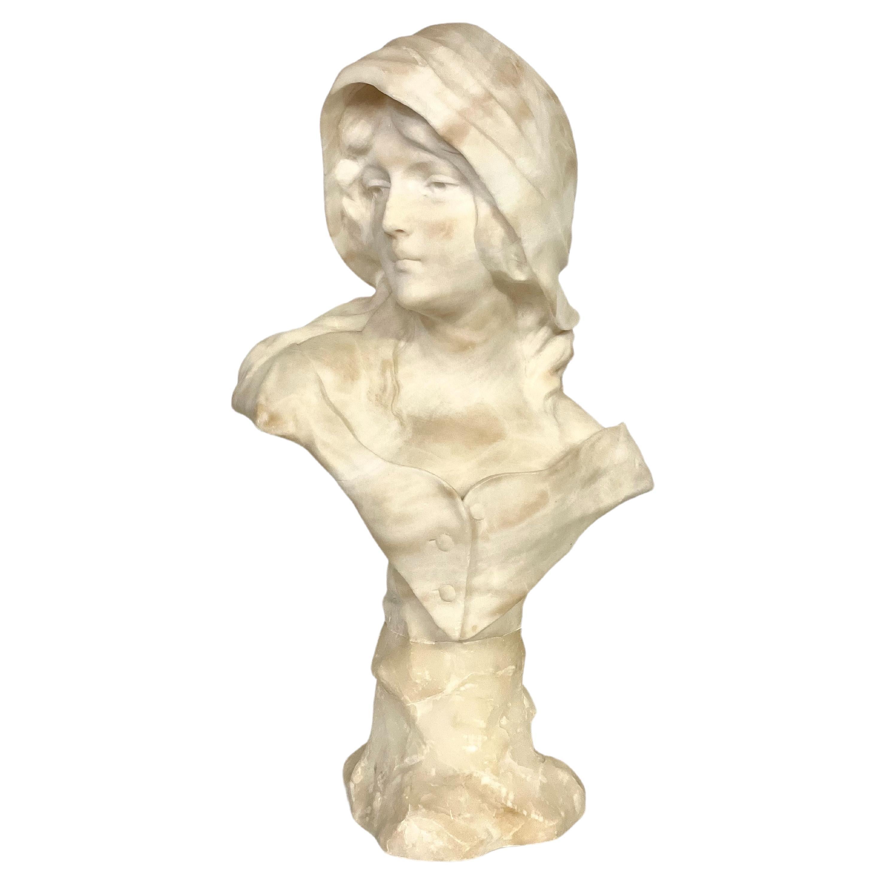 Buste d'une jeune femme en albâtre français par Georges Morin 