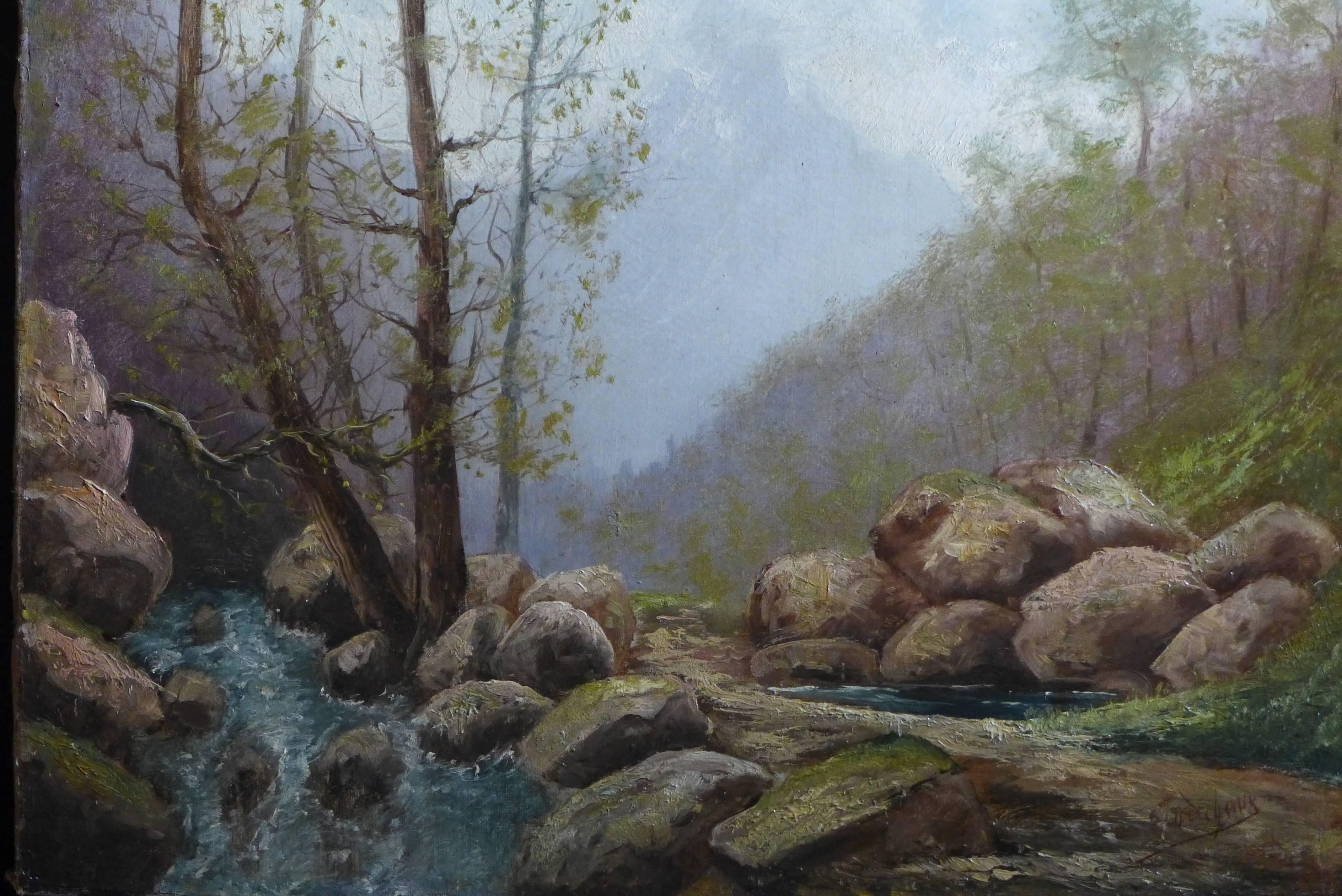 Oiled By Godchaux Oil on Canvas French Mountain, circa 1900 For Sale