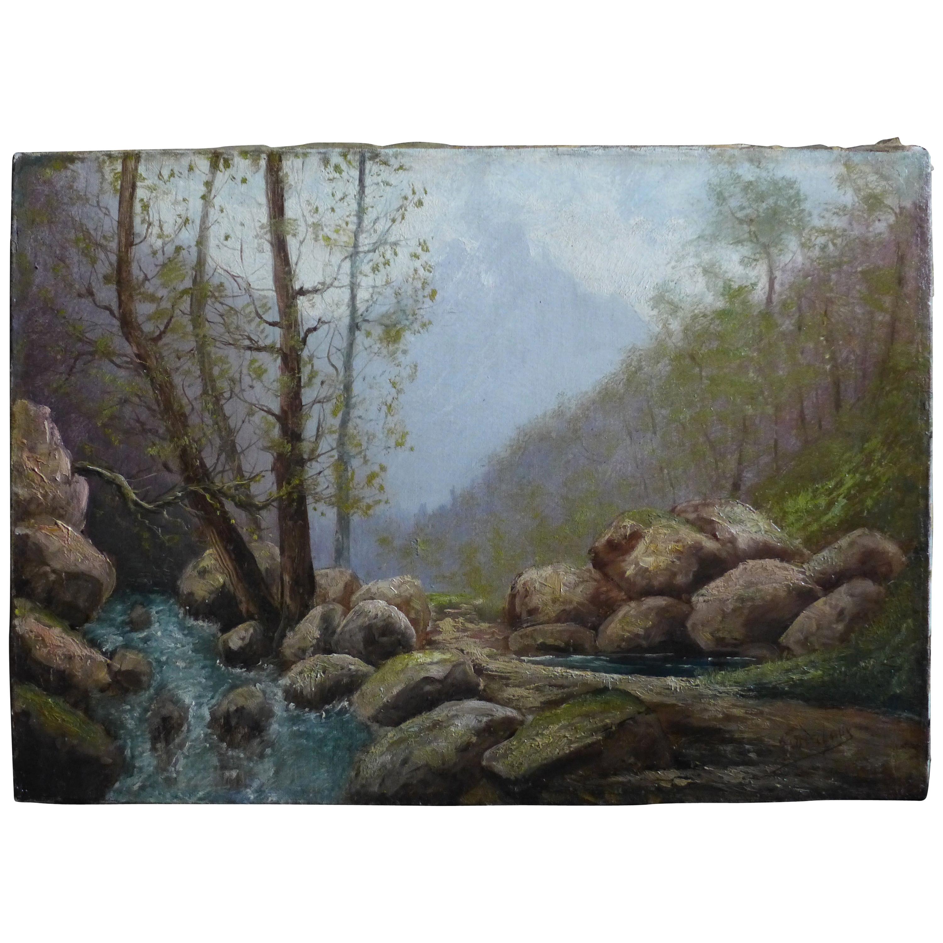 By Godchaux Oil on Canvas French Mountain, circa 1900 For Sale