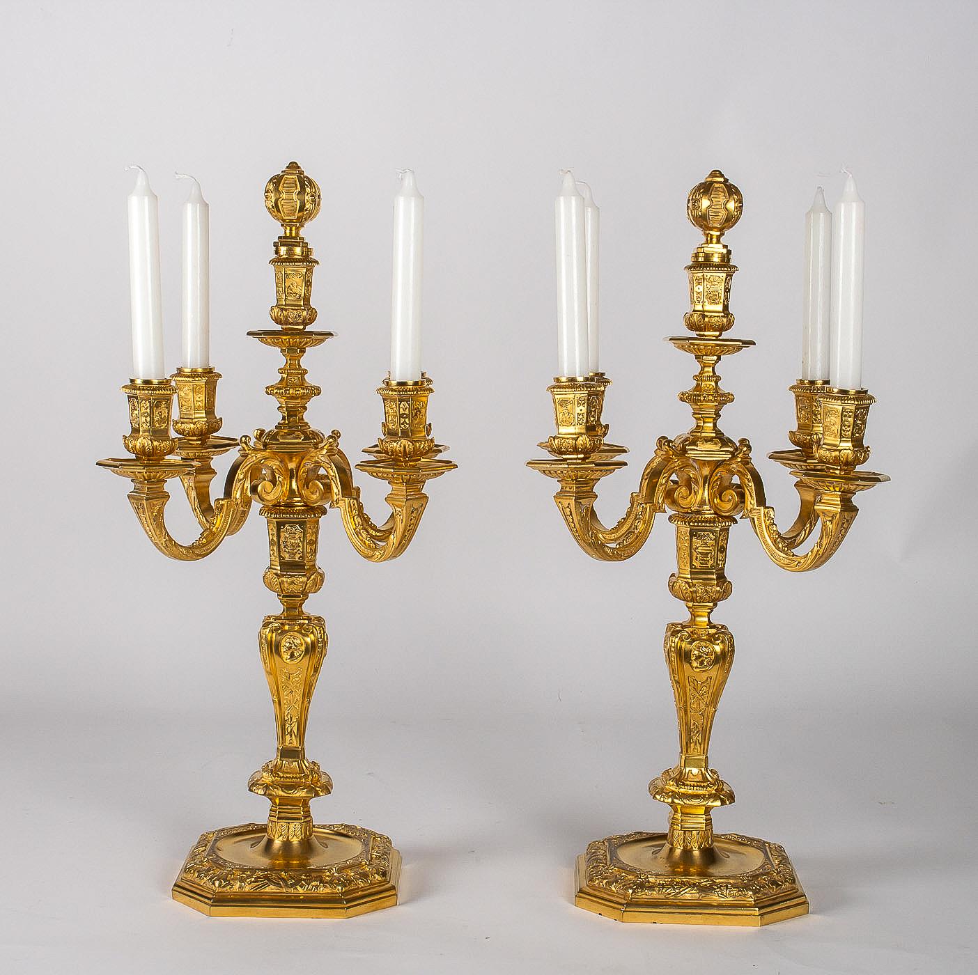 by H Voisenet, Large Pair of Louis XIV Style Ormolu Candelabras, circa 1880-1900 11