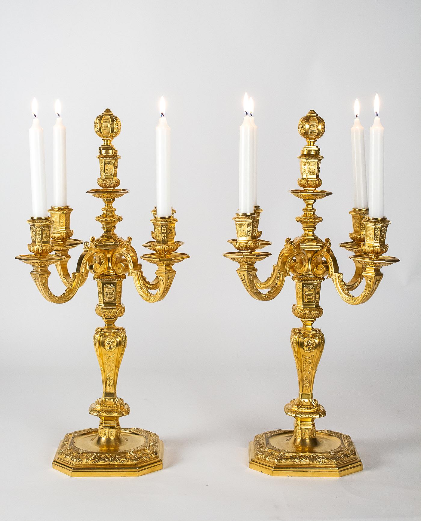 by H Voisenet, Large Pair of Louis XIV Style Ormolu Candelabras, circa 1880-1900 12