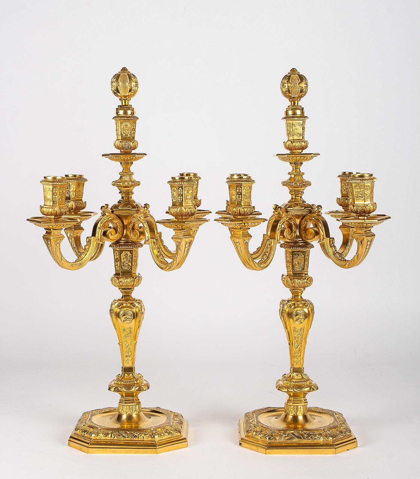 French by H Voisenet, Large Pair of Louis XIV Style Ormolu Candelabras, circa 1880-1900