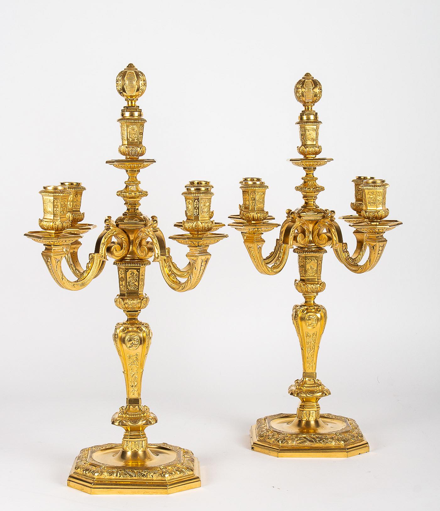 19th Century by H Voisenet, Large Pair of Louis XIV Style Ormolu Candelabras, circa 1880-1900