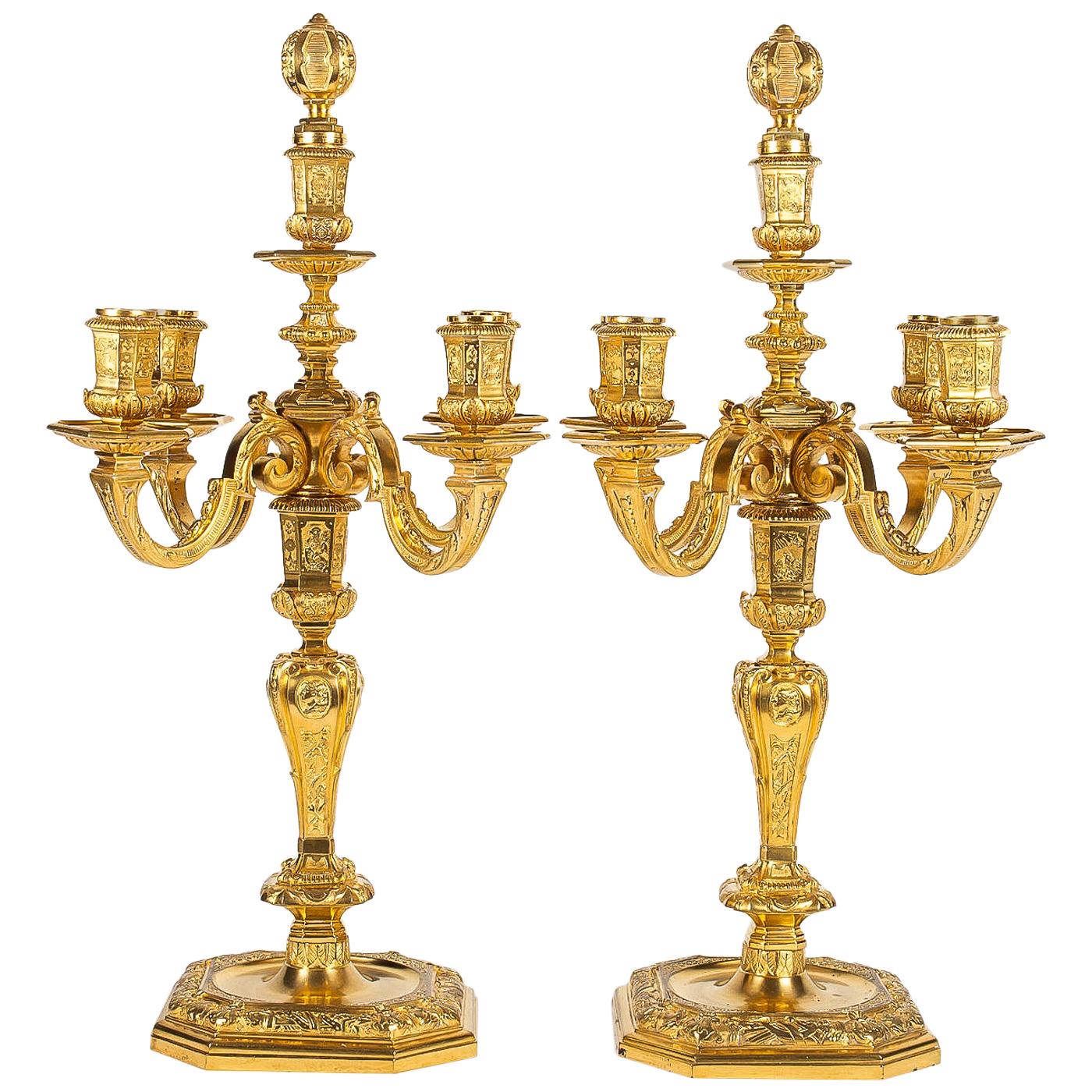 by H Voisenet, Large Pair of Louis XIV Style Ormolu Candelabras, circa 1880-1900