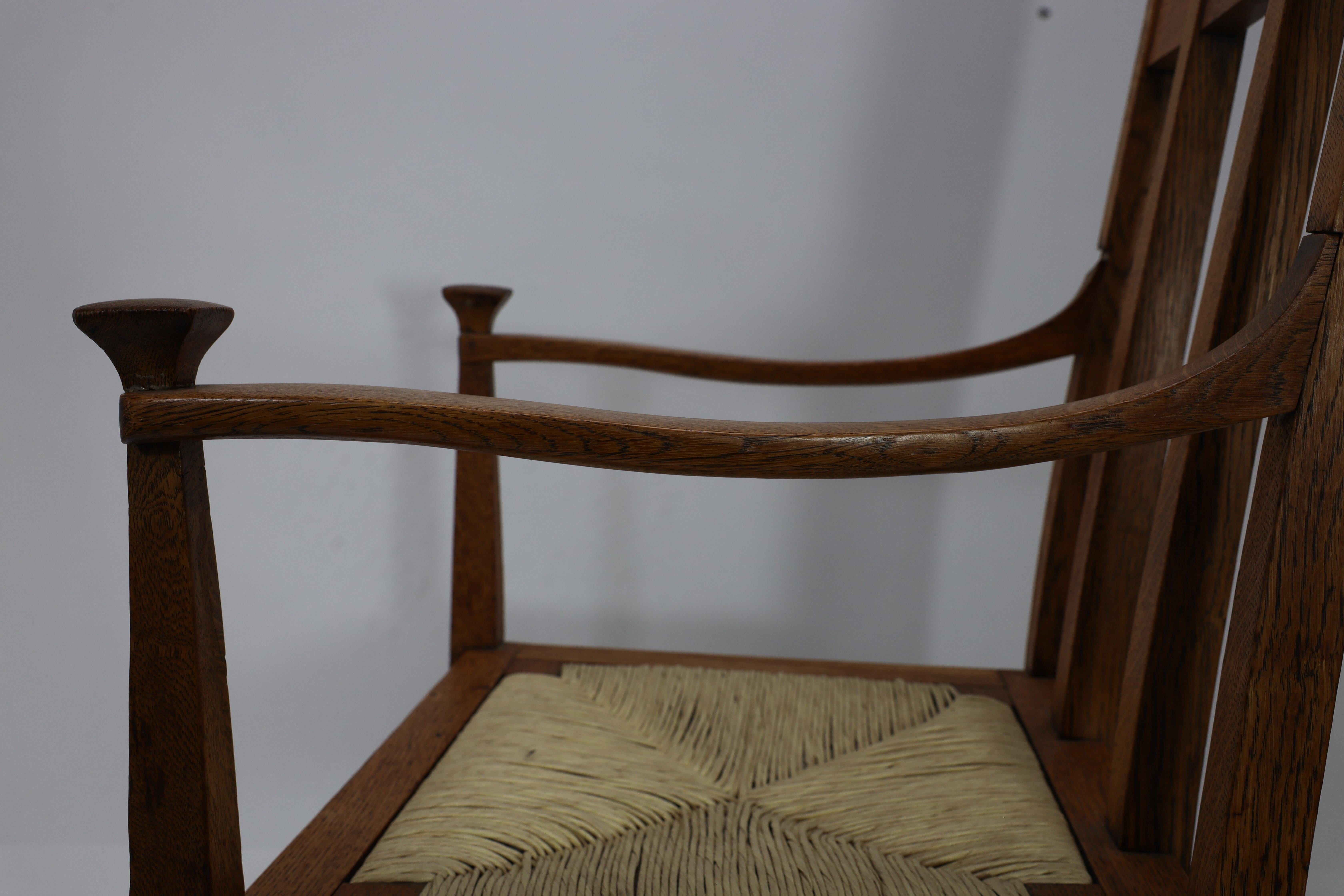 J S Henry Arts & Crafts oak dining chair with throne like caps & a sweeping back For Sale 1