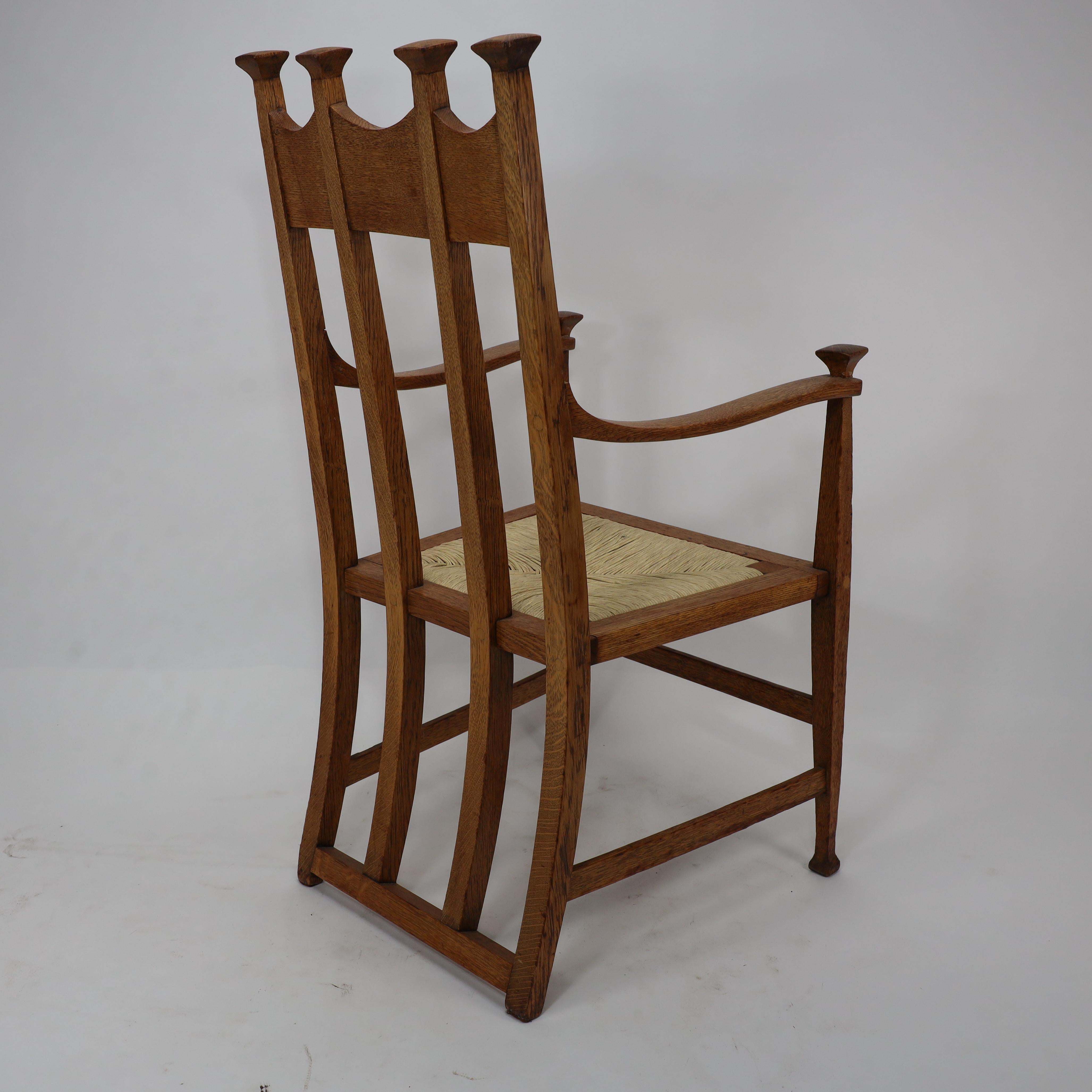 J S Henry Arts & Crafts oak dining chair with throne like caps & a sweeping back For Sale 4