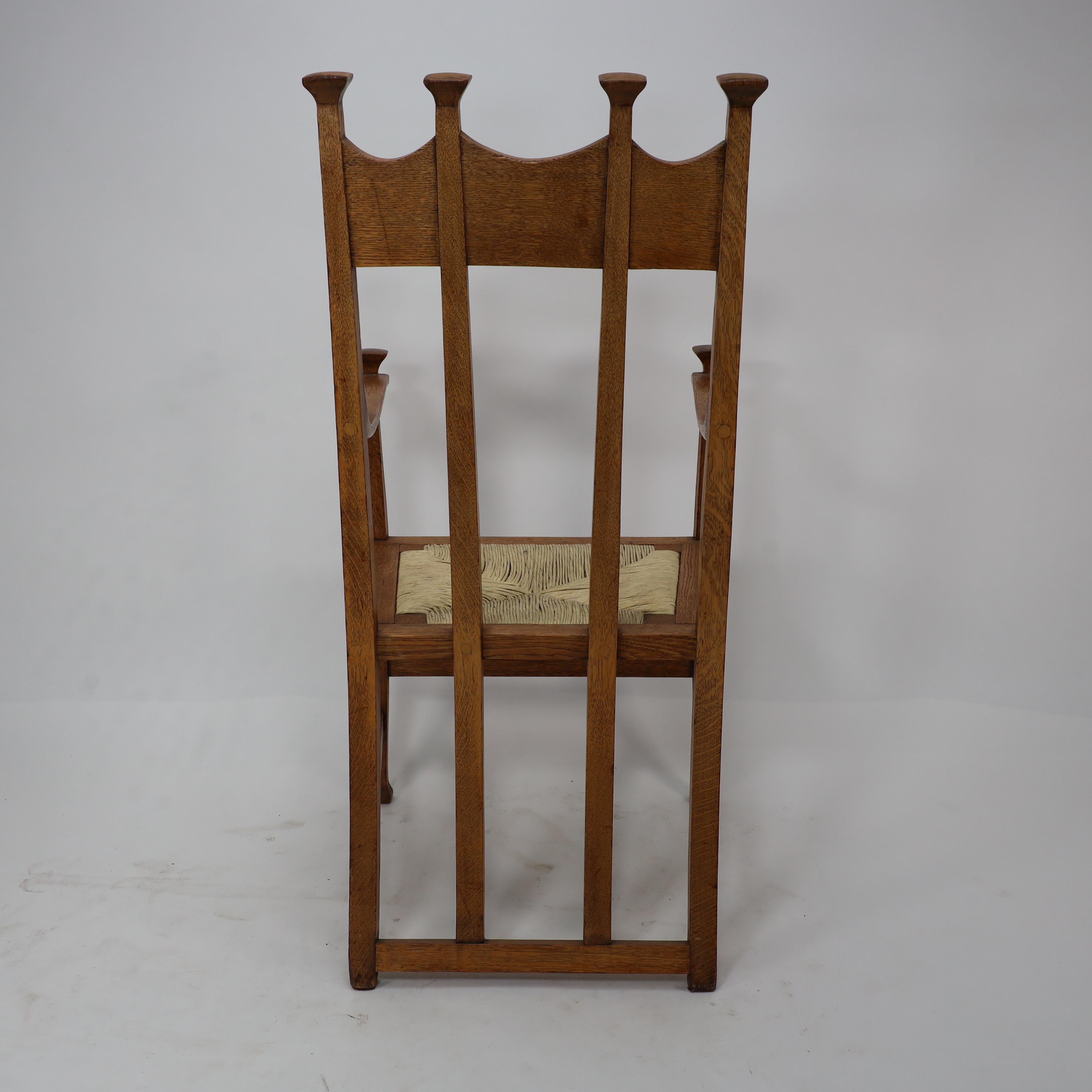 J S Henry Arts & Crafts oak dining chair with throne like caps & a sweeping back For Sale 5