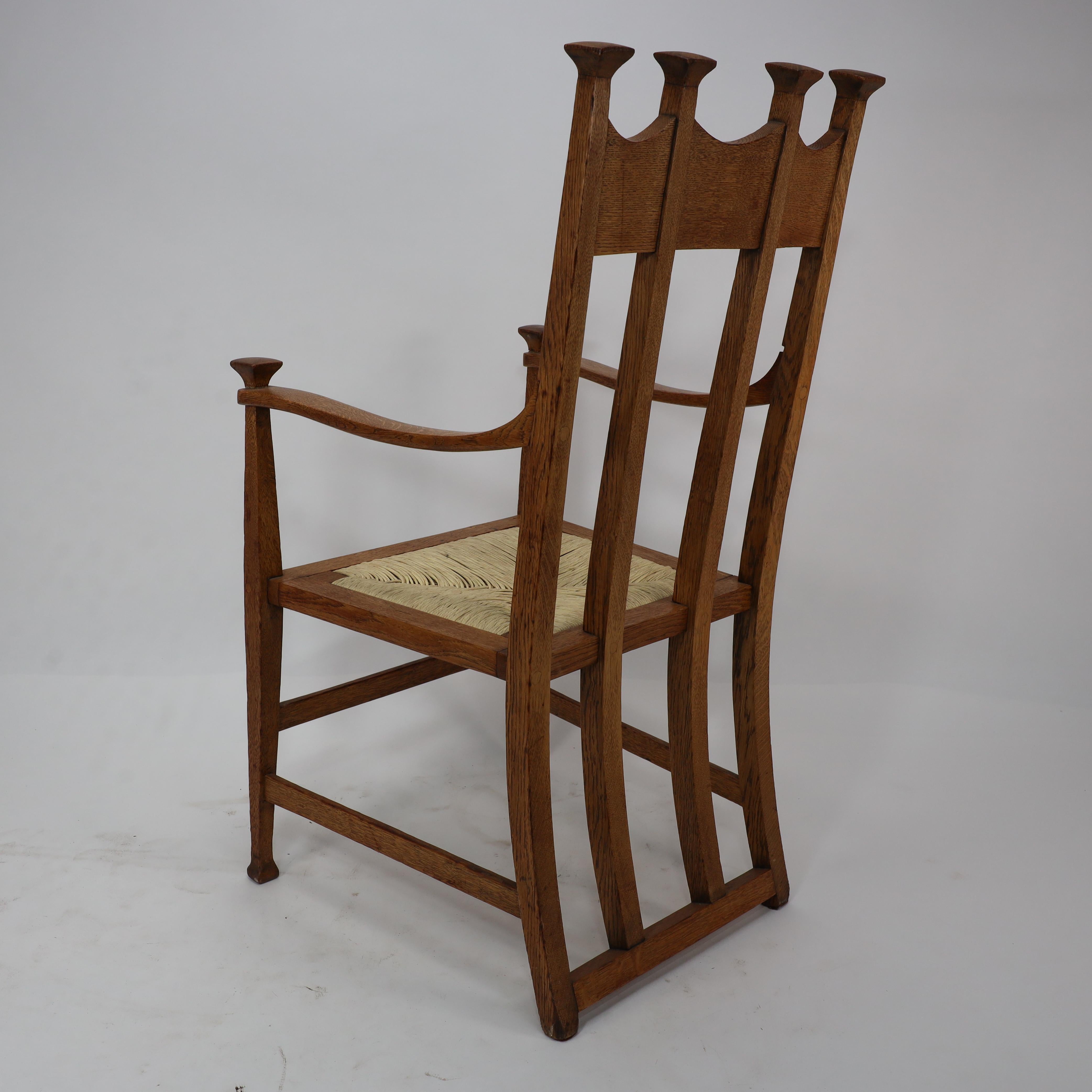 J S Henry Arts & Crafts oak dining chair with throne like caps & a sweeping back For Sale 6