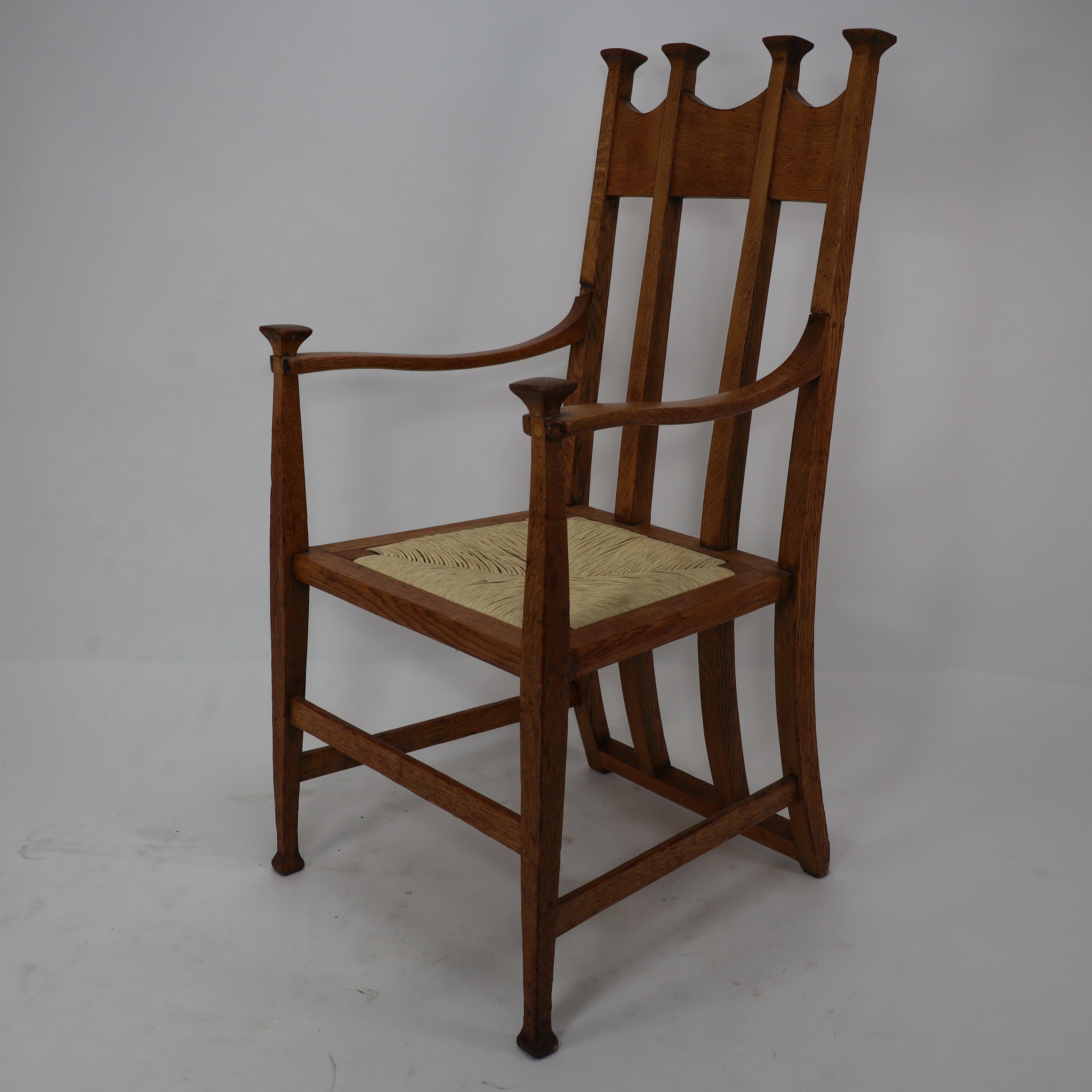 Arts and Crafts J S Henry Arts & Crafts oak dining chair with throne like caps & a sweeping back For Sale