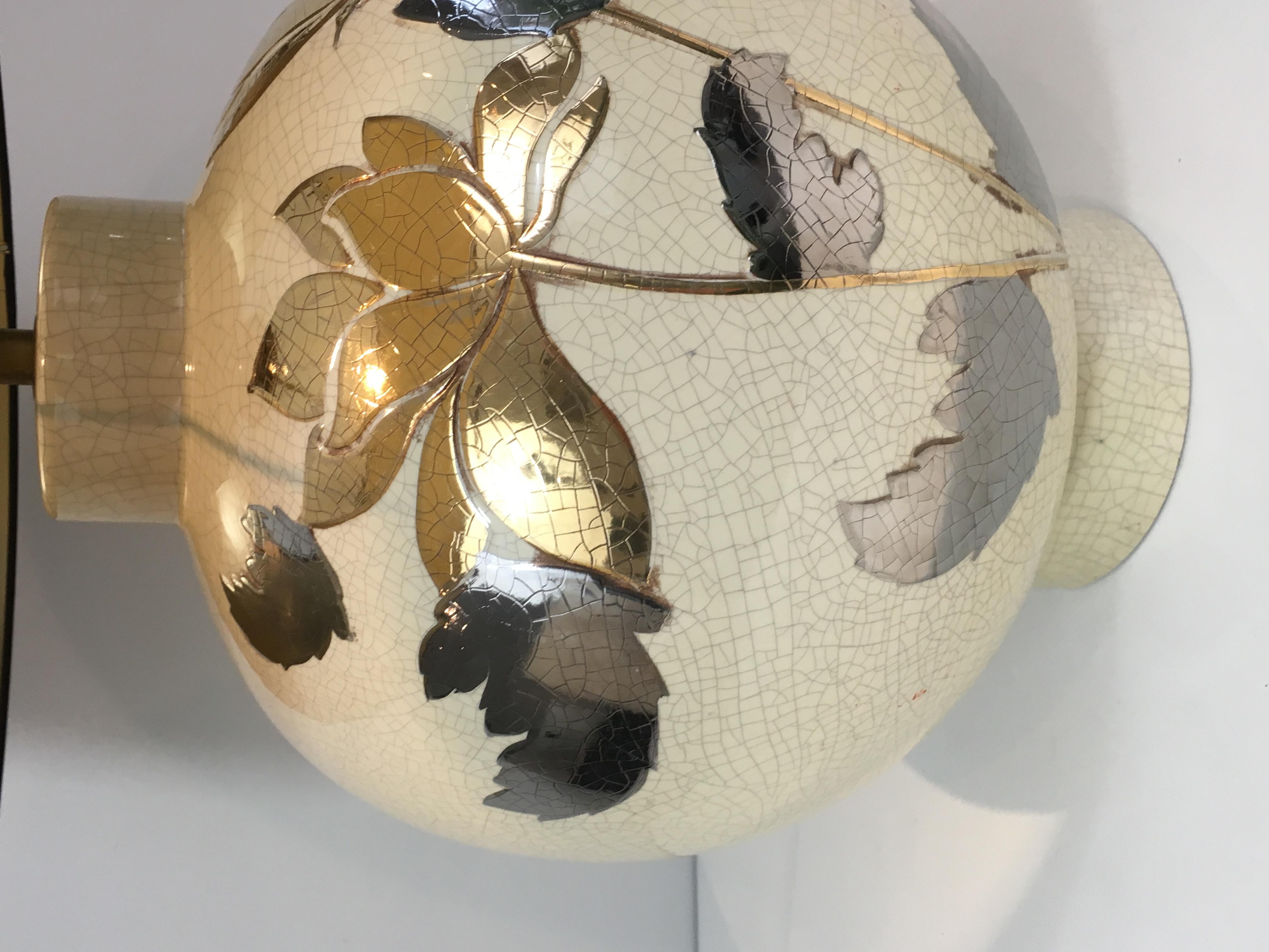 By L Drummer, Cracked Ceramic Lamp with Silver and Gold Flower Decoration on the 1
