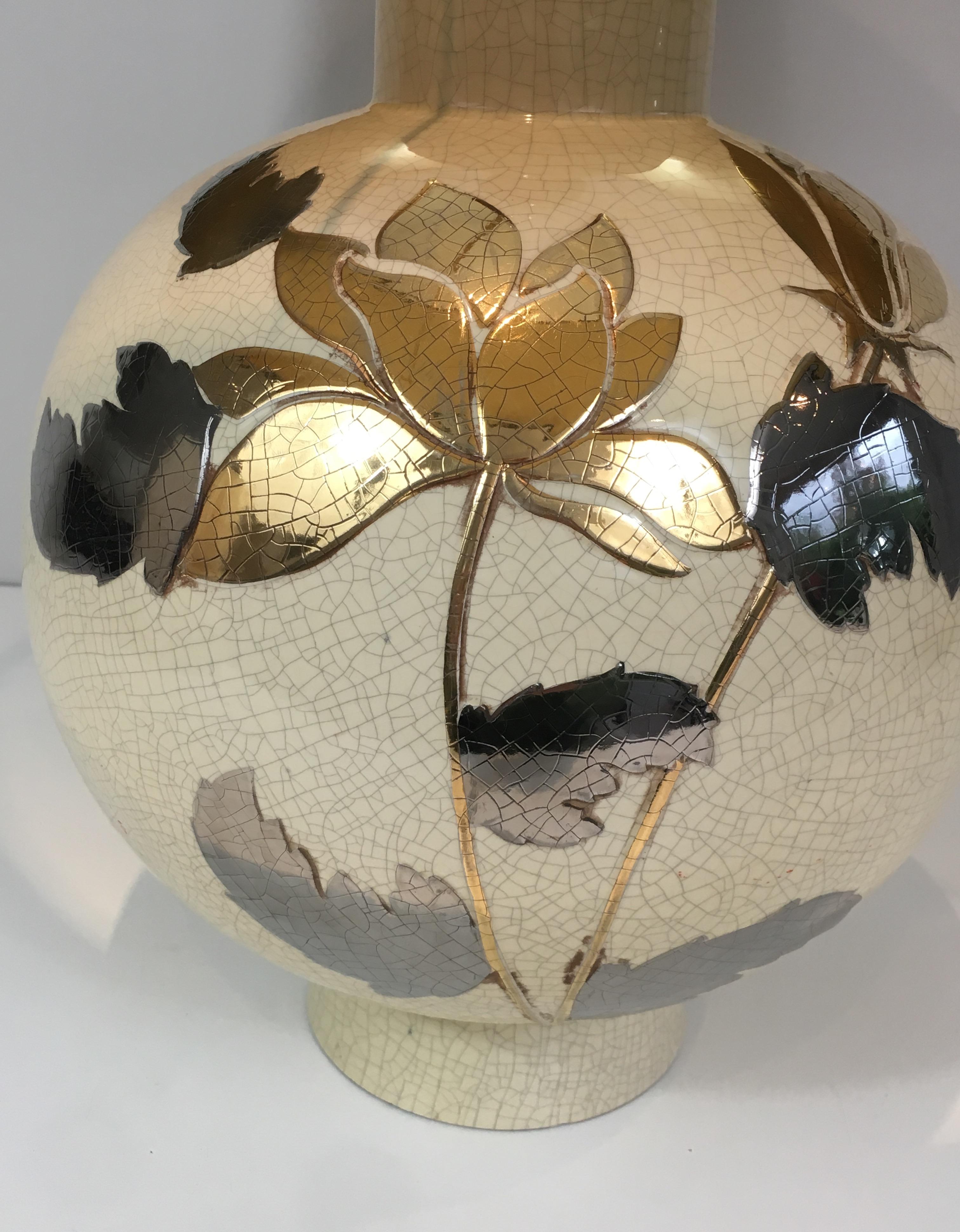 By L Drummer, Cracked Ceramic Lamp with Silver and Gold Flower Decoration on the 2
