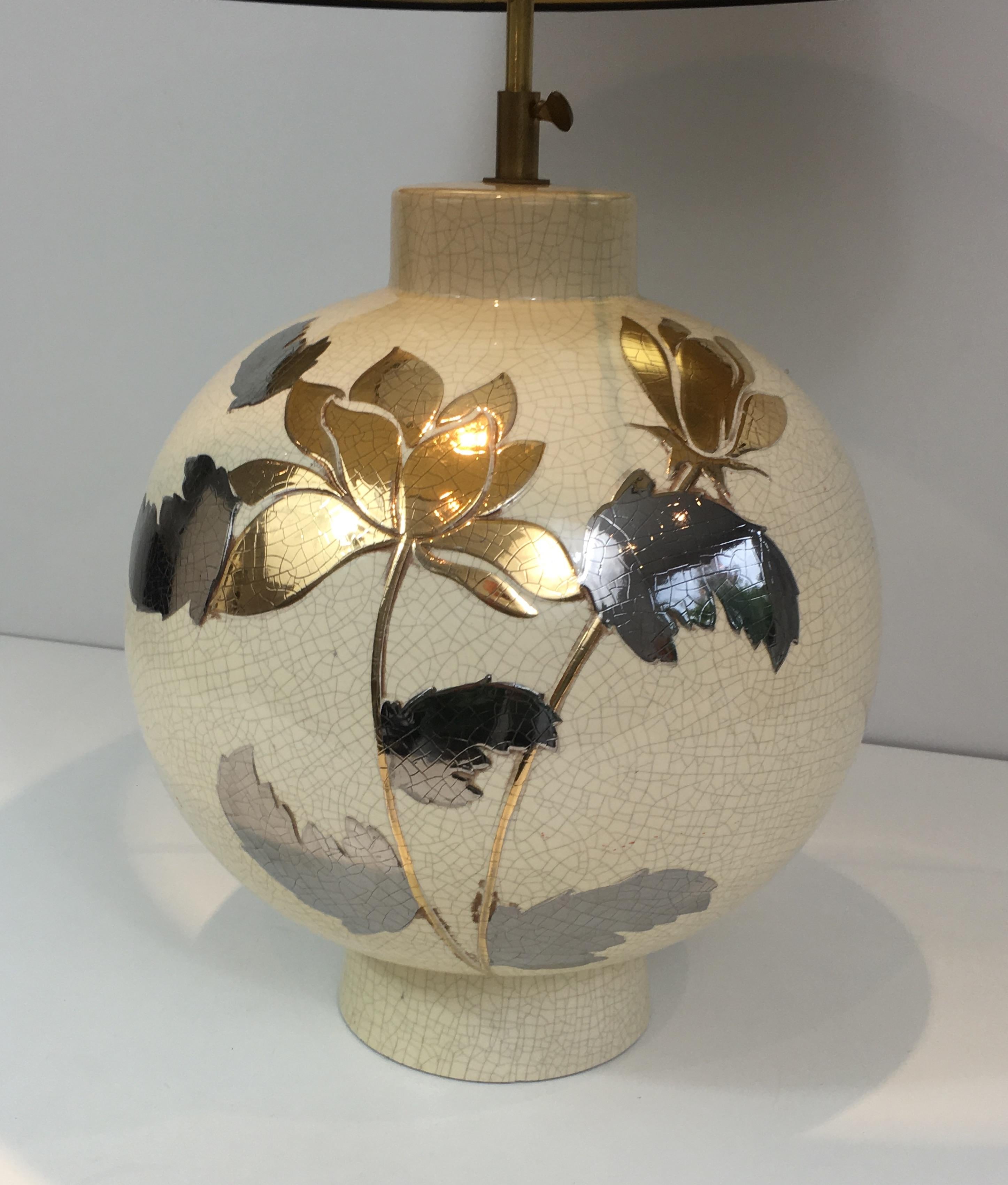 By L Drummer, Cracked Ceramic Lamp with Silver and Gold Flower Decoration on the 3