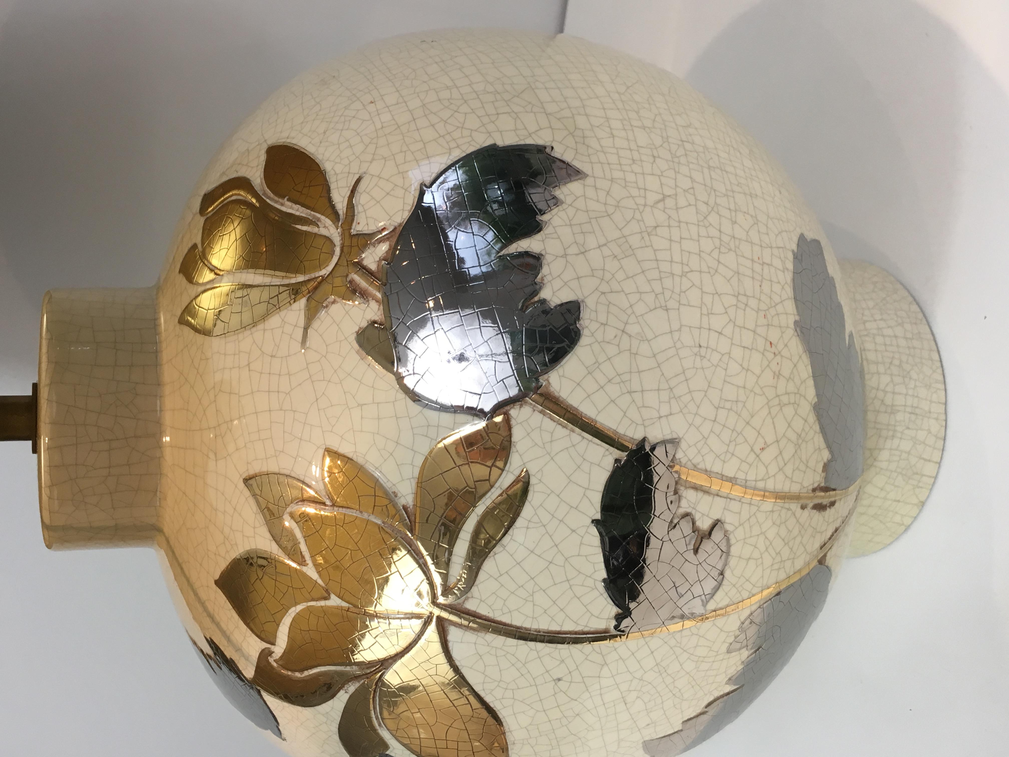 By L Drummer, Cracked Ceramic Lamp with Silver and Gold Flower Decoration on the 4