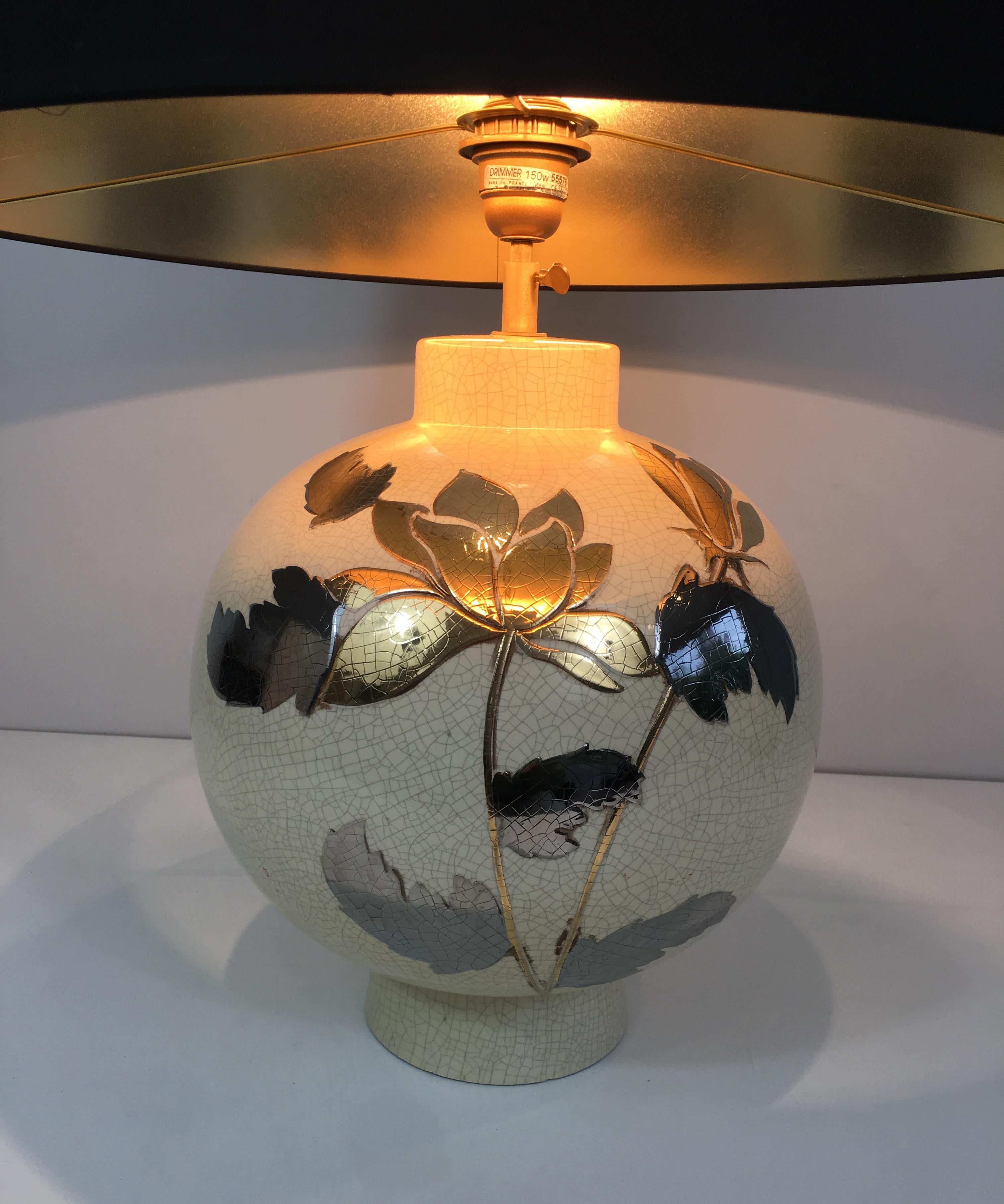 By L Drummer, Cracked Ceramic Lamp with Silver and Gold Flower Decoration on the 5
