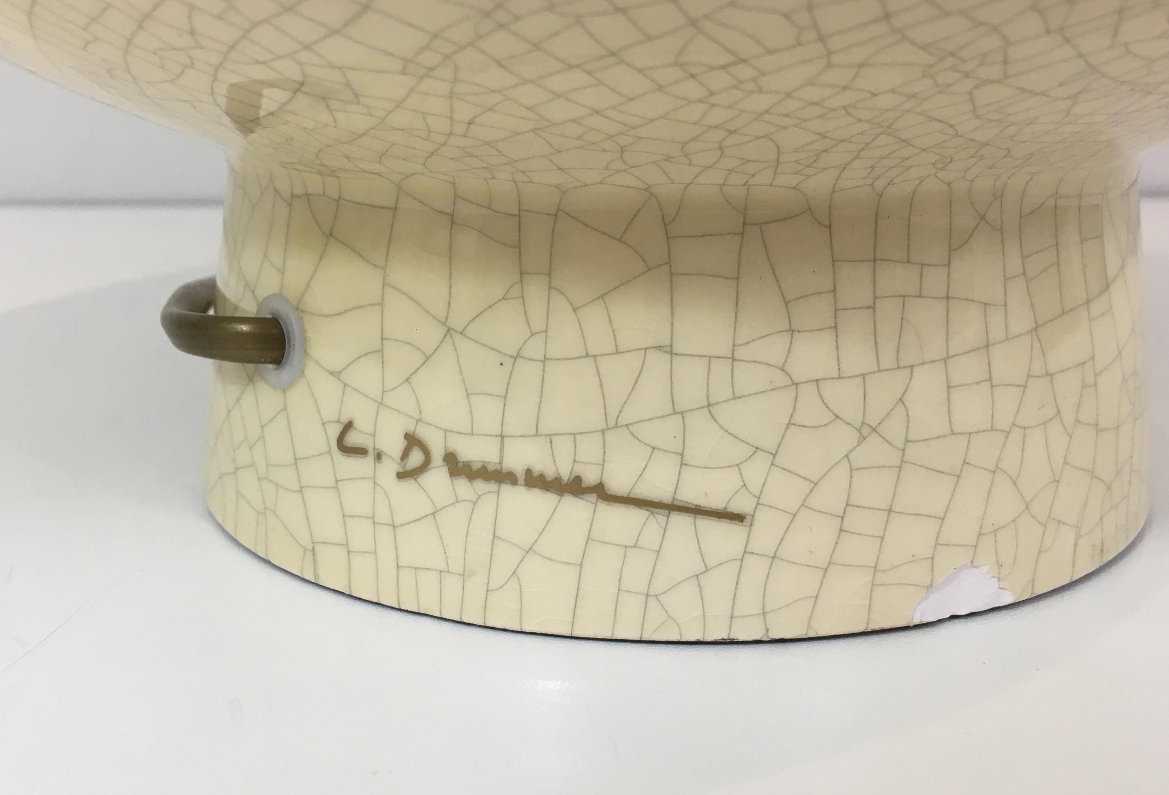 By L Drummer, Cracked Ceramic Lamp with Silver and Gold Flower Decoration on the 6