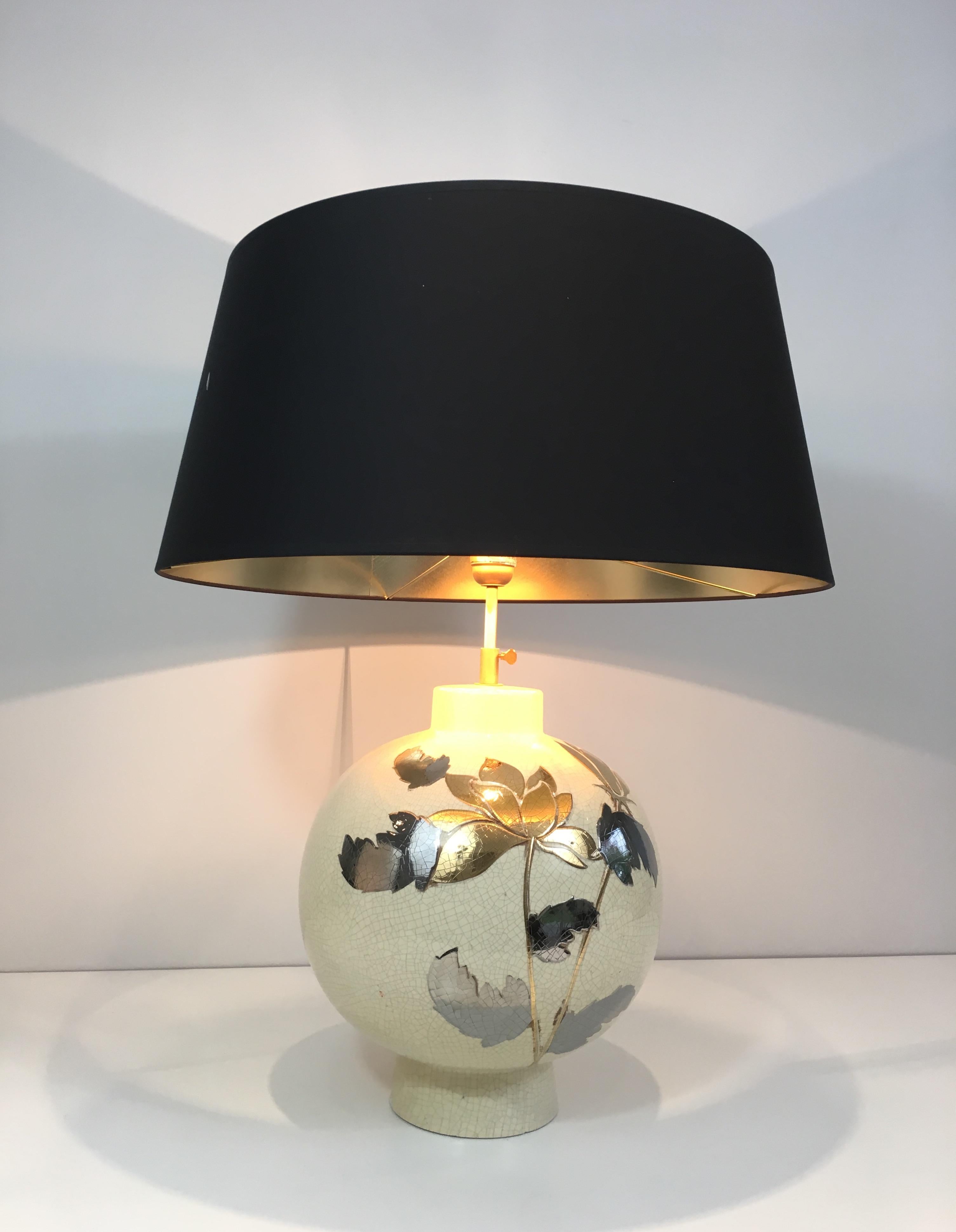 By L Drummer, Cracked Ceramic Lamp with Silver and Gold Flower Decoration on the 8