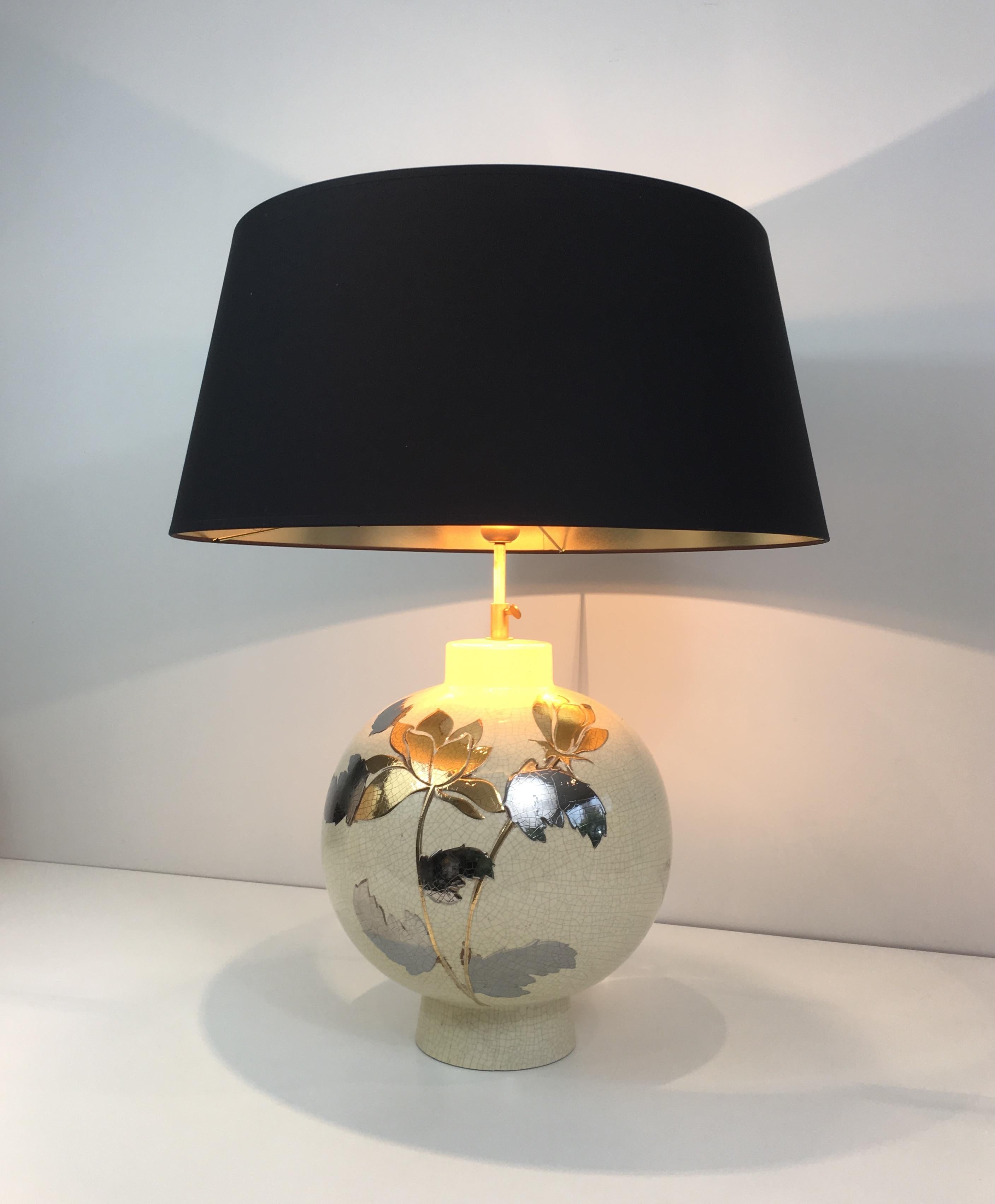 By L Drummer, Cracked Ceramic Lamp with Silver and Gold Flower Decoration on the 9