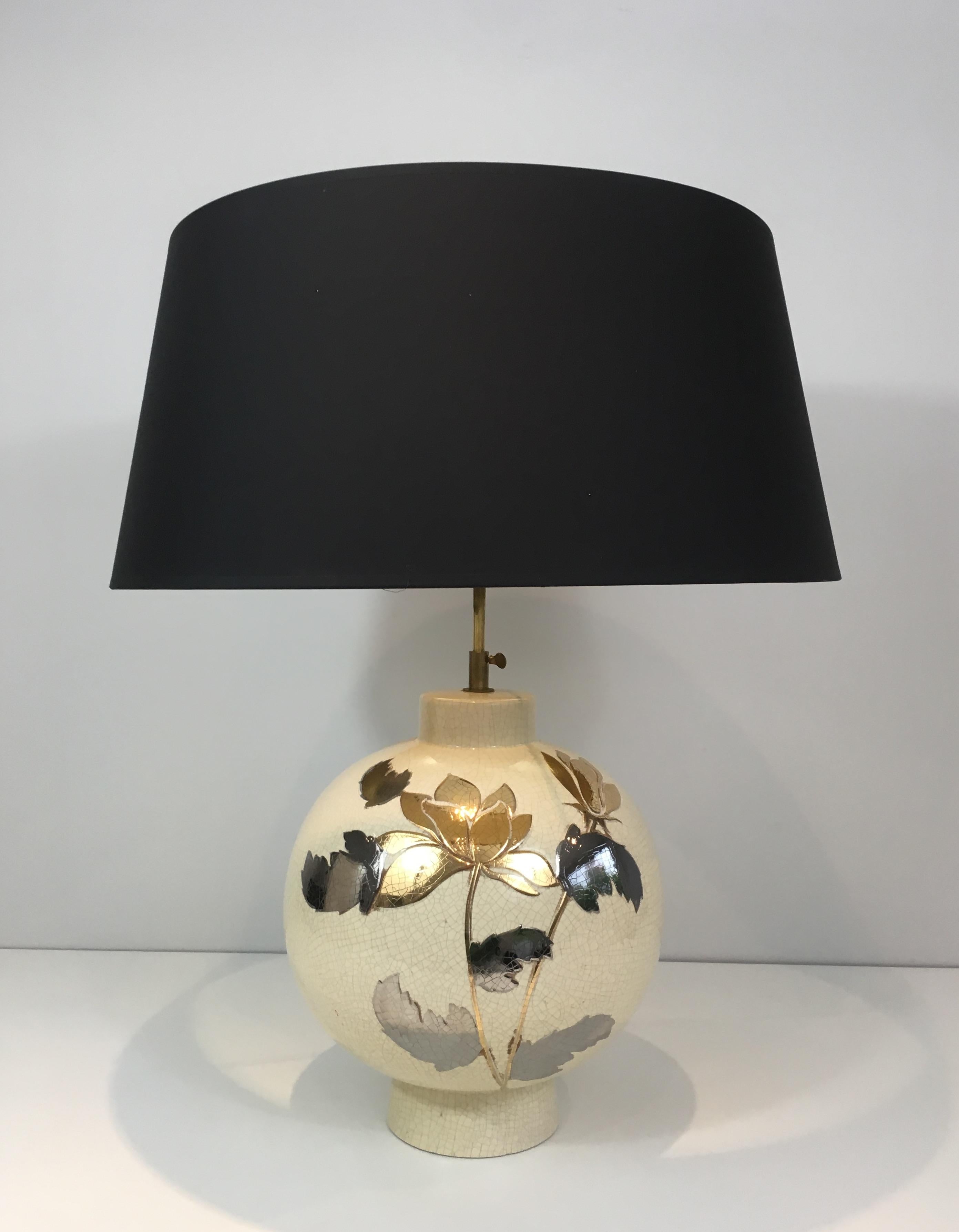 By L Drummer, Cracked Ceramic Lamp with Silver and Gold Flower Decoration on the 10