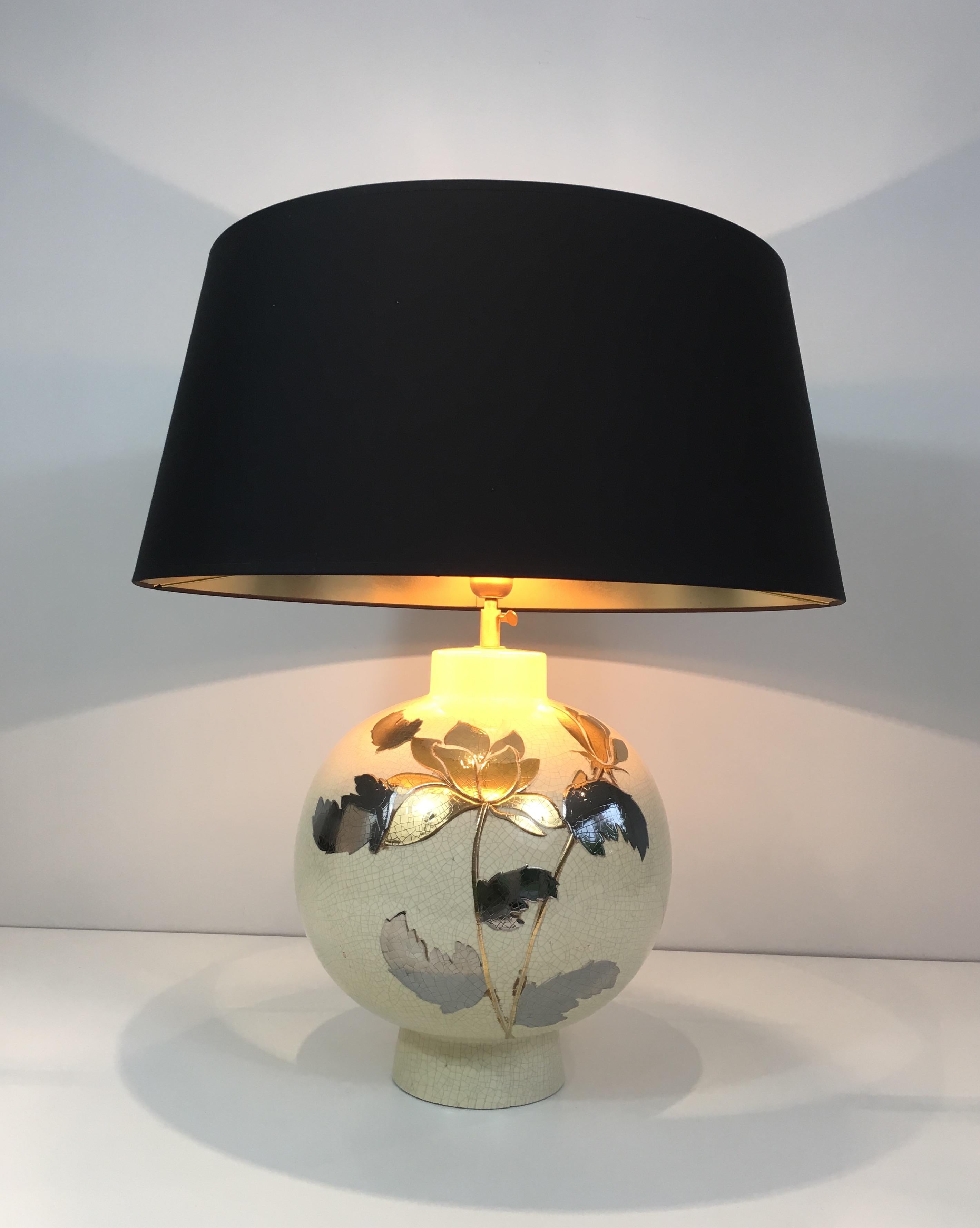 By L Drummer, Cracked Ceramic Lamp with Silver and Gold Flower Decoration on the 11
