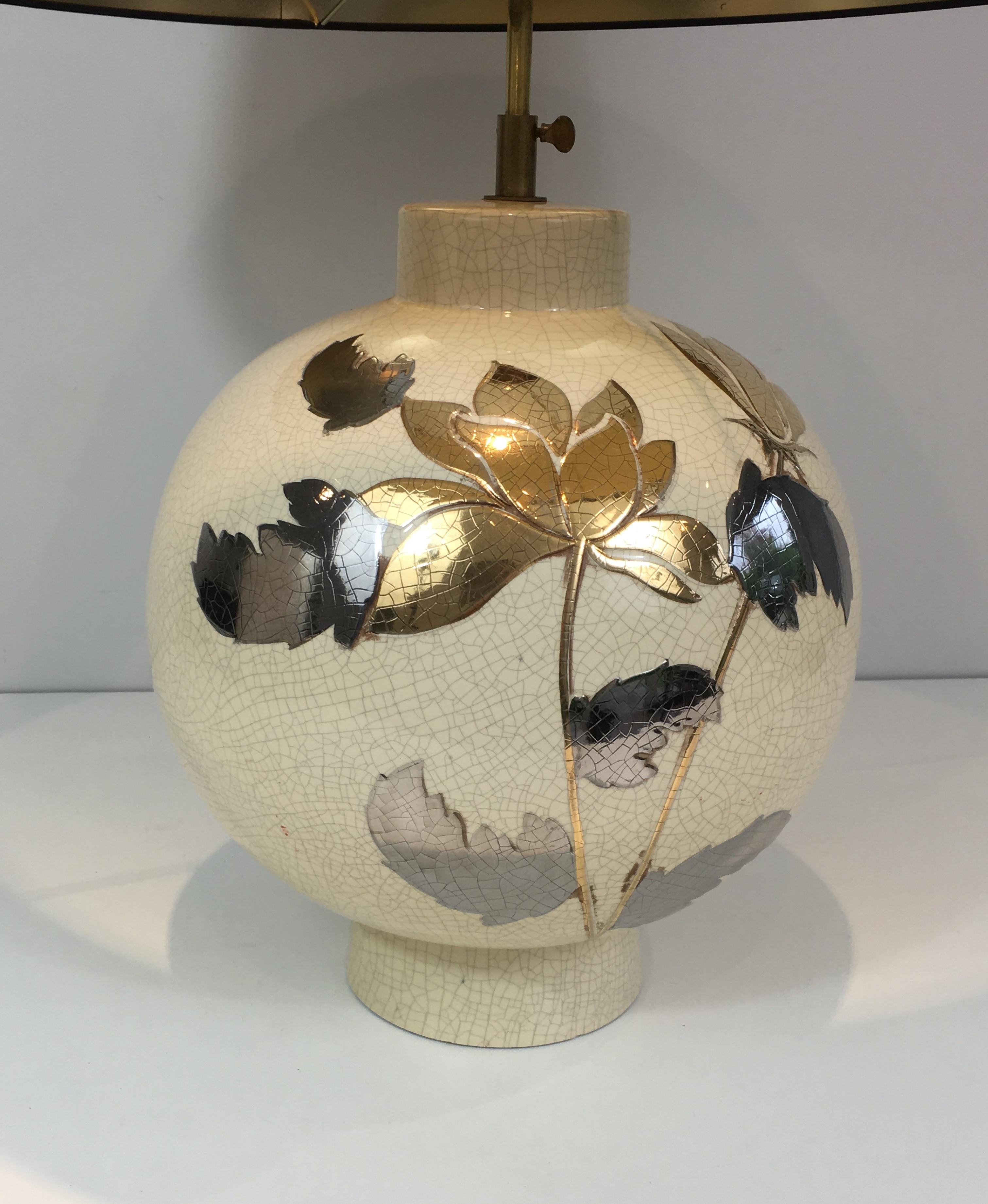 Mid-Century Modern By L Drummer, Cracked Ceramic Lamp with Silver and Gold Flower Decoration on the
