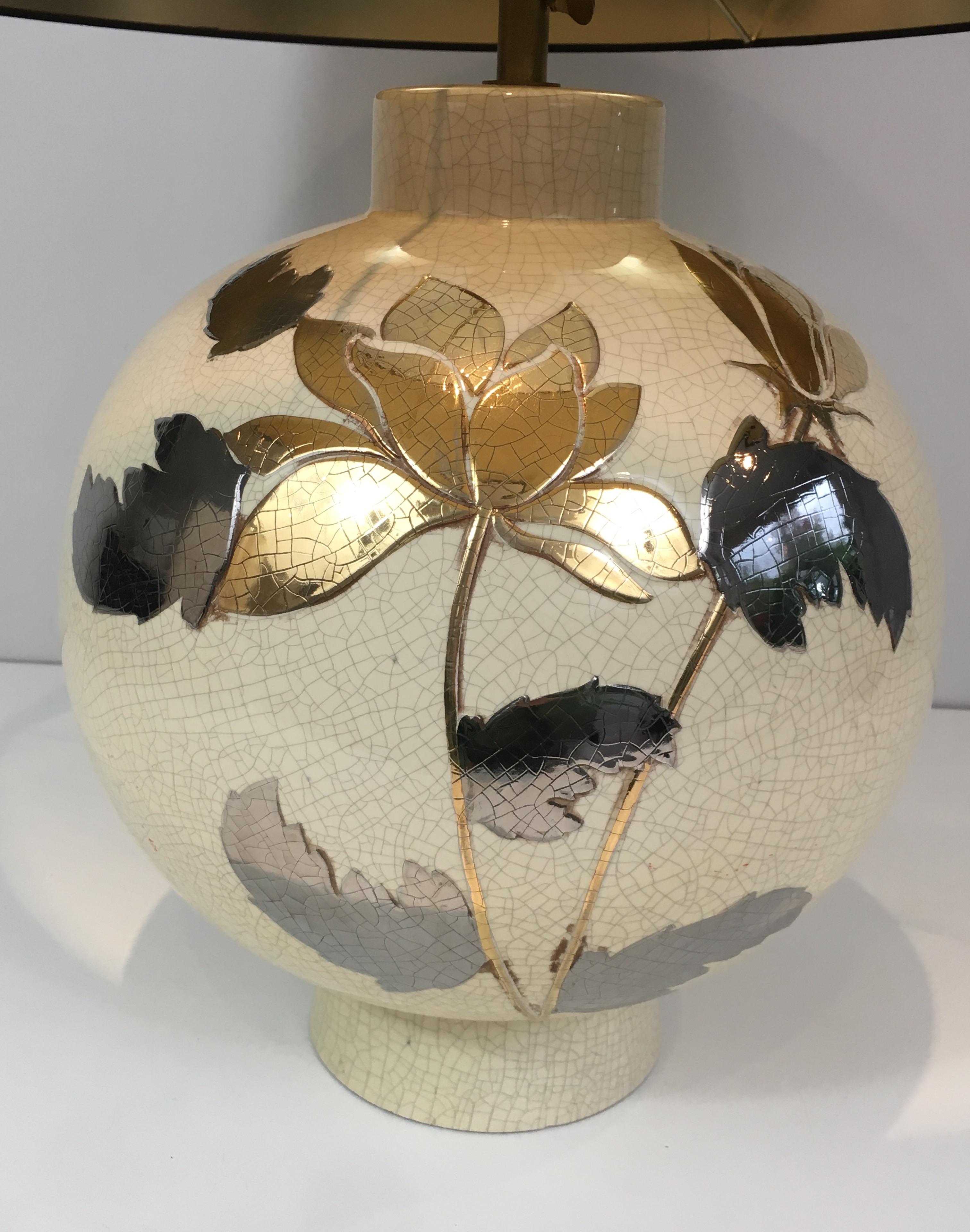 French By L Drummer, Cracked Ceramic Lamp with Silver and Gold Flower Decoration on the