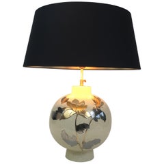 By L Drummer, Cracked Ceramic Lamp with Silver and Gold Flower Decoration on the