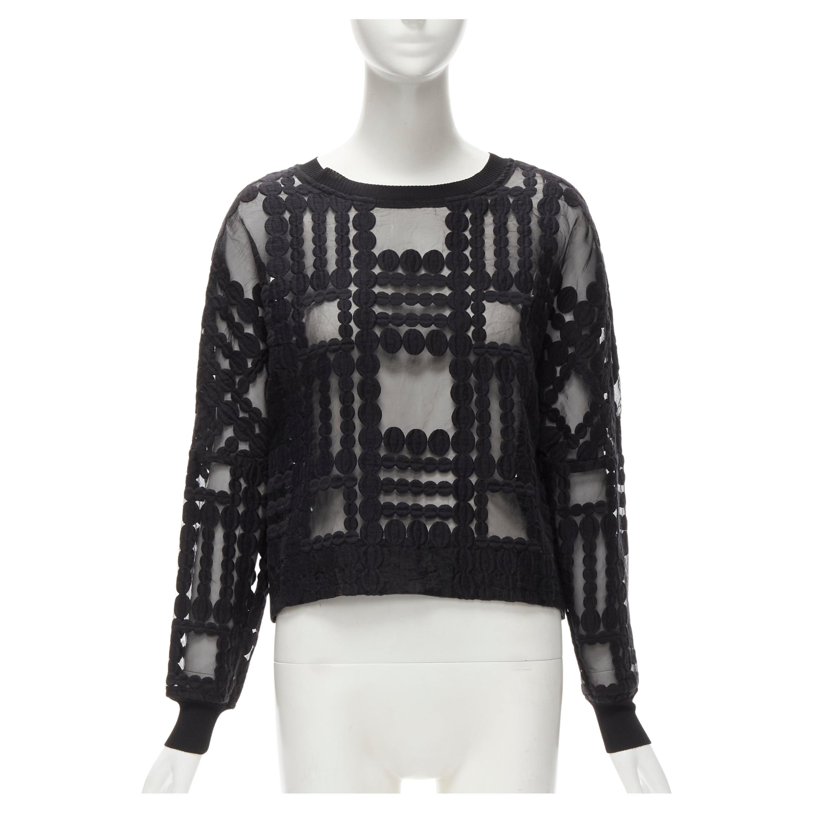 BY MALENE BIRGER black graphic circle embroidery sheer cropped sweater FR36 S For Sale