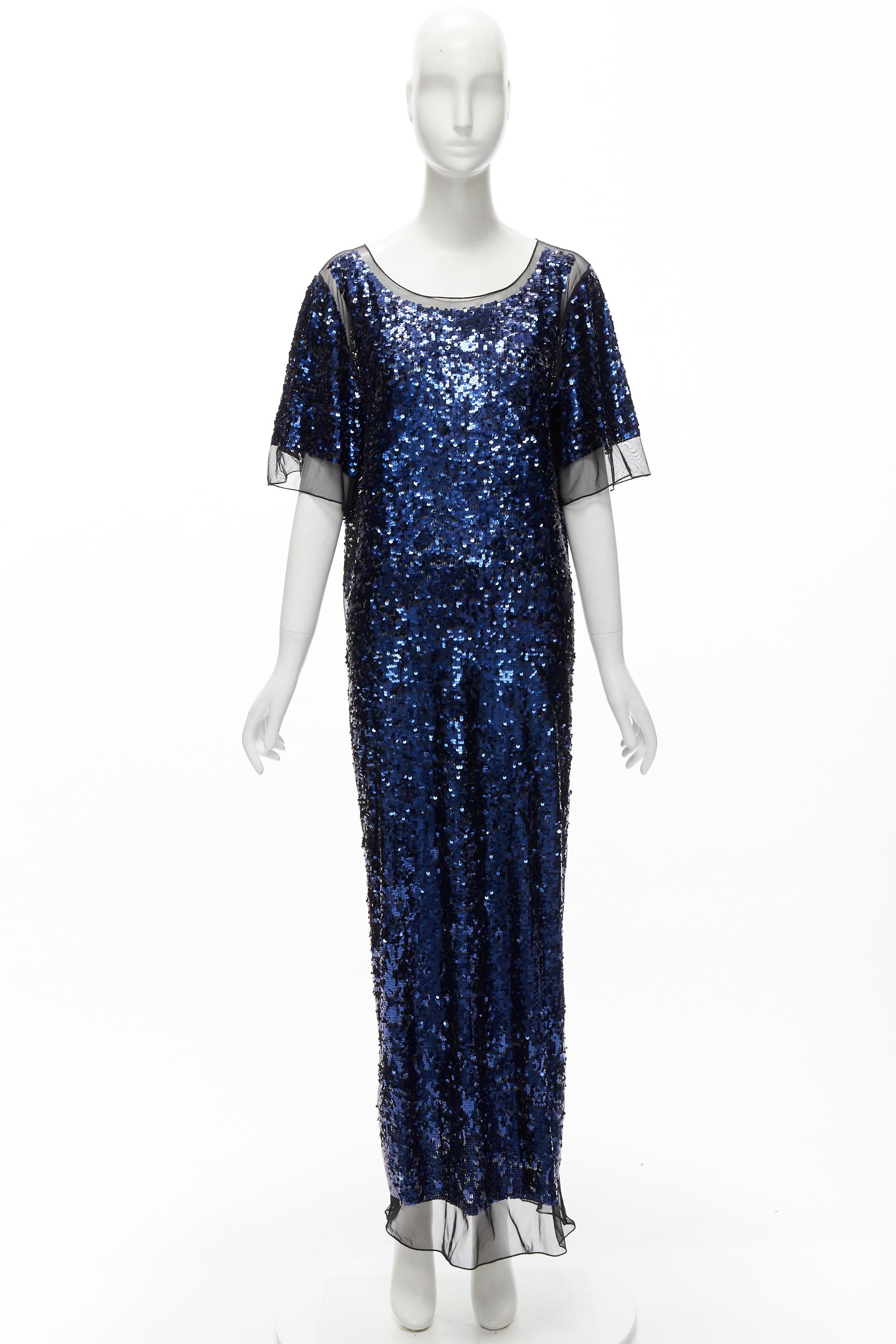 BY MALENE BIRGER blue sequins overlay black sheer evening gown dress M For Sale 6