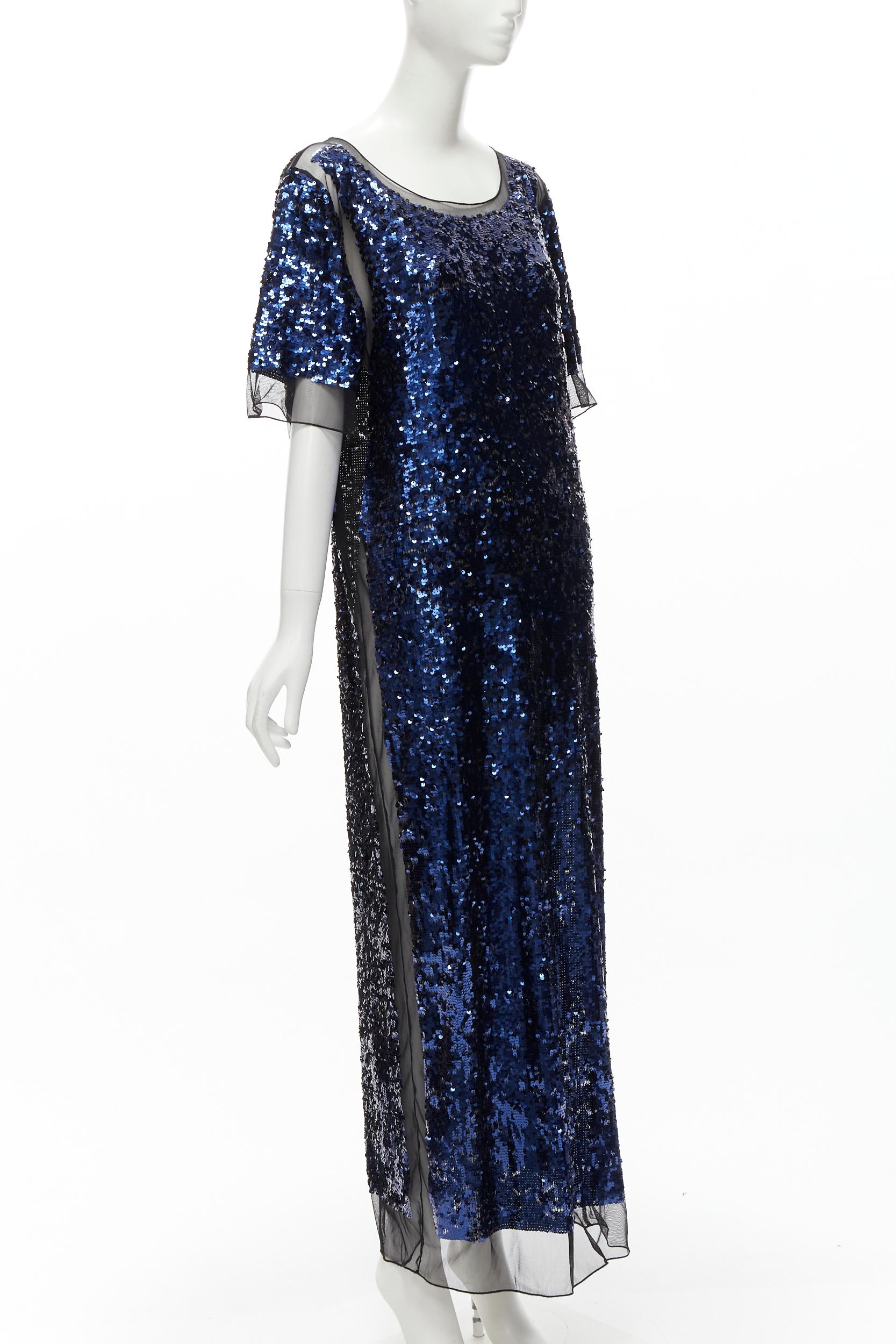 Black BY MALENE BIRGER blue sequins overlay black sheer evening gown dress M For Sale