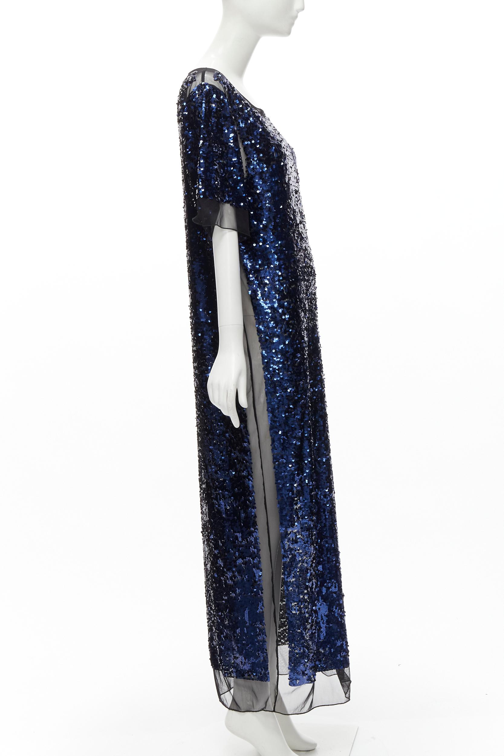 BY MALENE BIRGER blue sequins overlay black sheer evening gown dress M In Good Condition For Sale In Hong Kong, NT