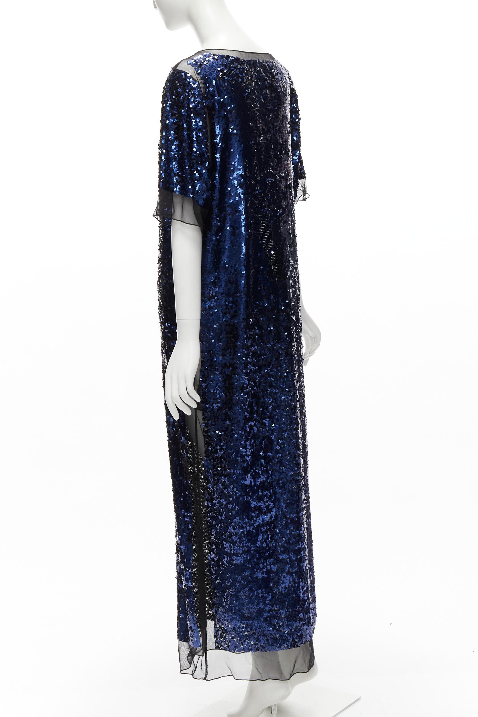 BY MALENE BIRGER blue sequins overlay black sheer evening gown dress M For Sale 2