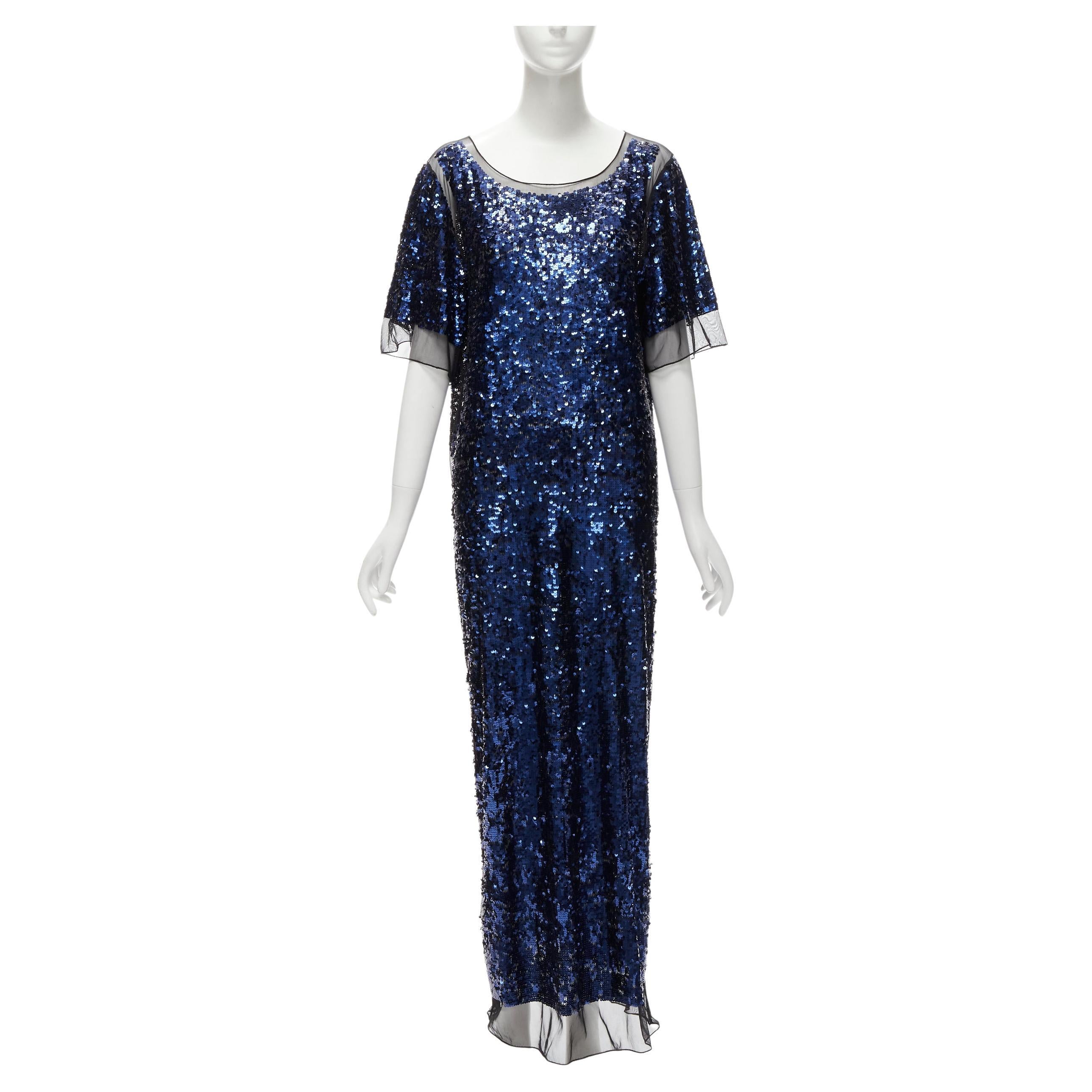 BY MALENE BIRGER blue sequins overlay black sheer evening gown dress M For Sale