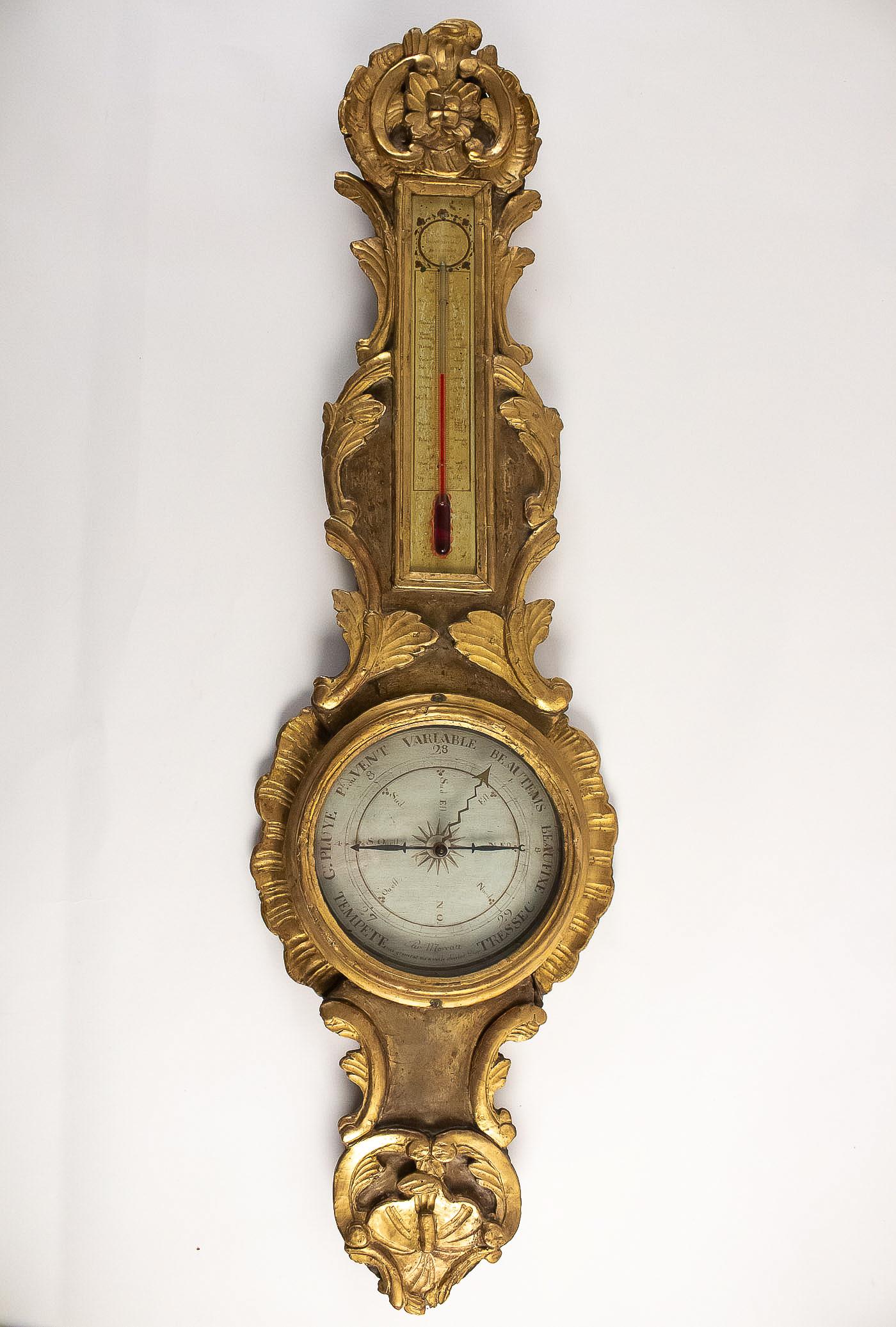 By Moreau, French Louis XV period decorative barometer-thermometer, circa 1770

A gorgeous and decorative mid-18th century item, with this Barometer-Thermometer, in gilt and lacquered Tilleul green color hand carved wood. 
The Reaumur