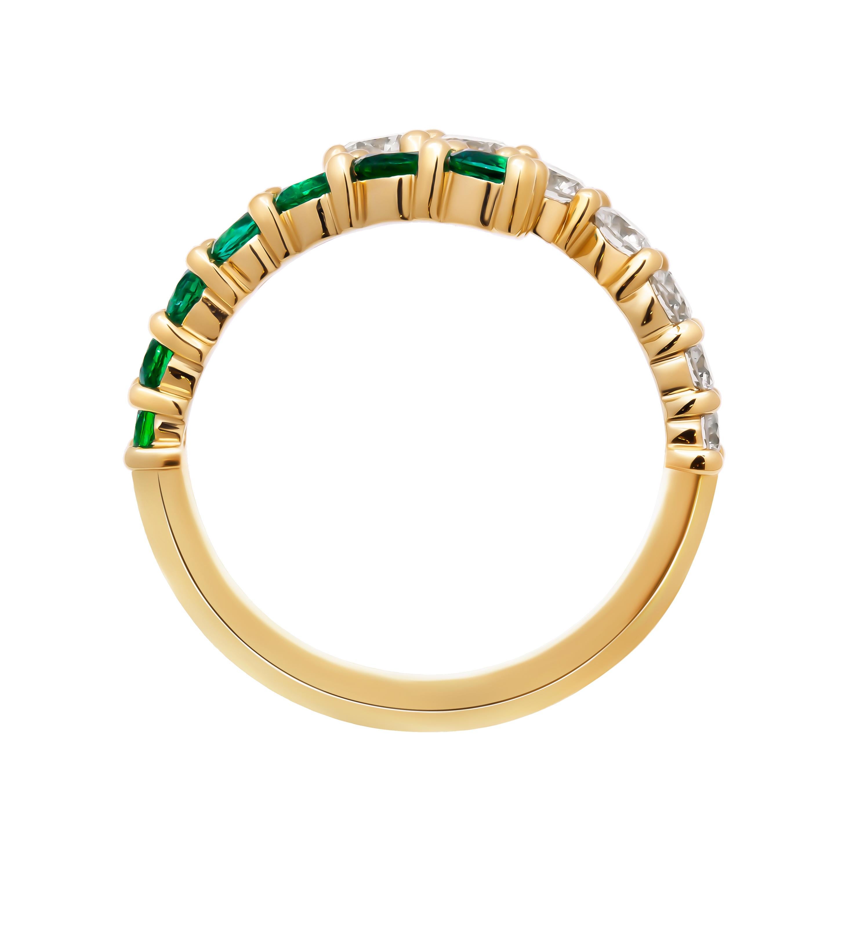 Modern By Pass Ring with Diamonds & Green Emeralds For Sale