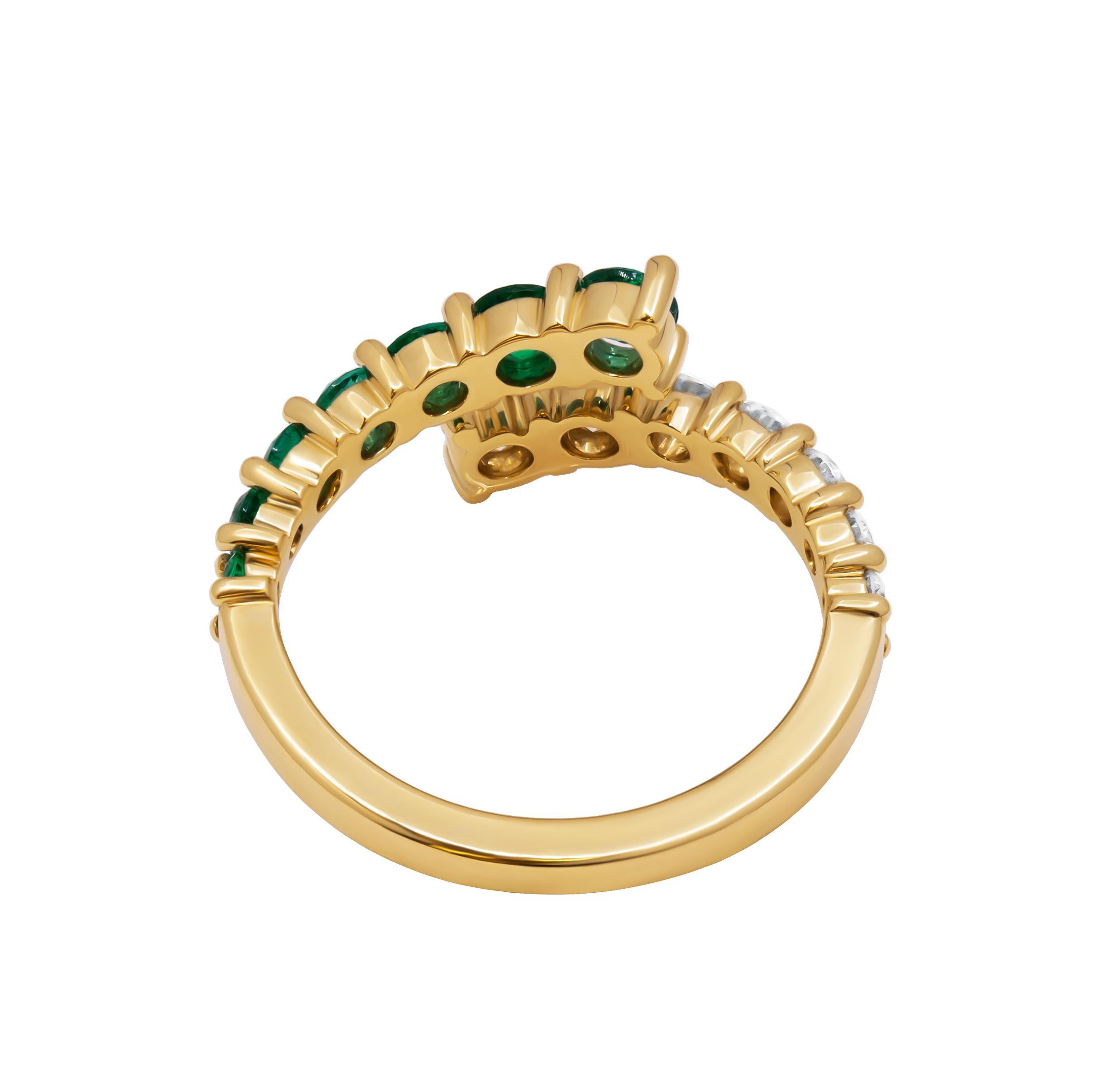 Round Cut By Pass Ring with Diamonds & Green Emeralds For Sale