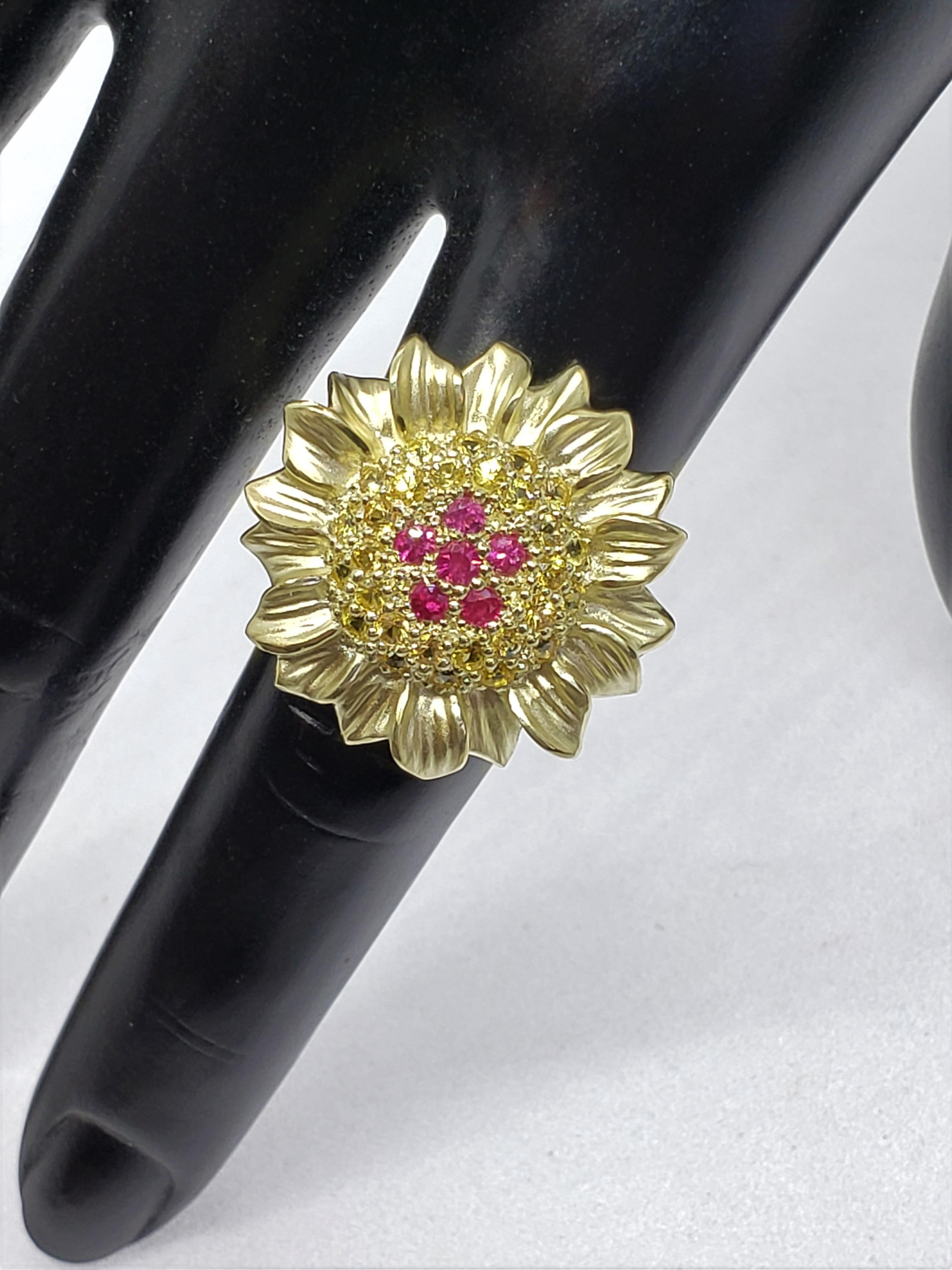 Contemporary By Popular Demand, Medium Sunflower Ring in 14K Gold and Ruby and Sapphire For Sale