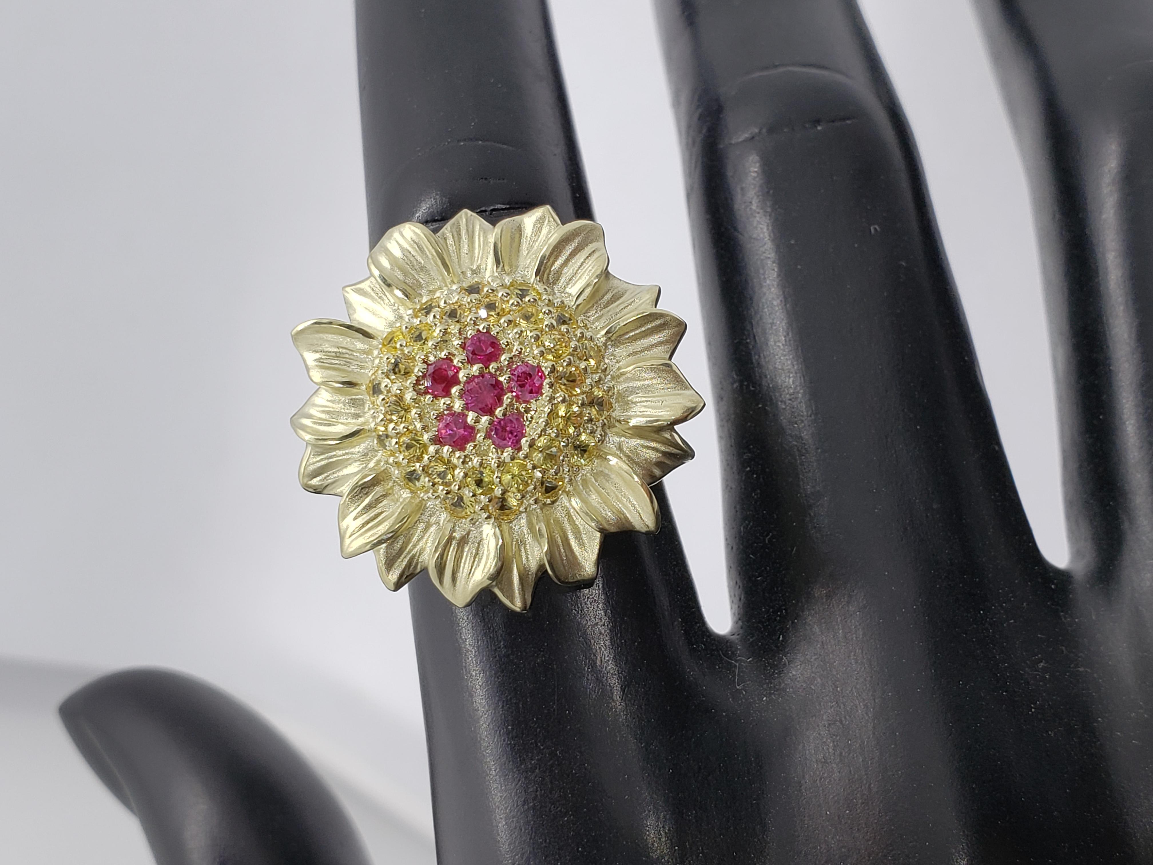 By Popular Demand, Medium Sunflower Ring in 14K Gold and Ruby and Sapphire In New Condition For Sale In Rutherford, NJ