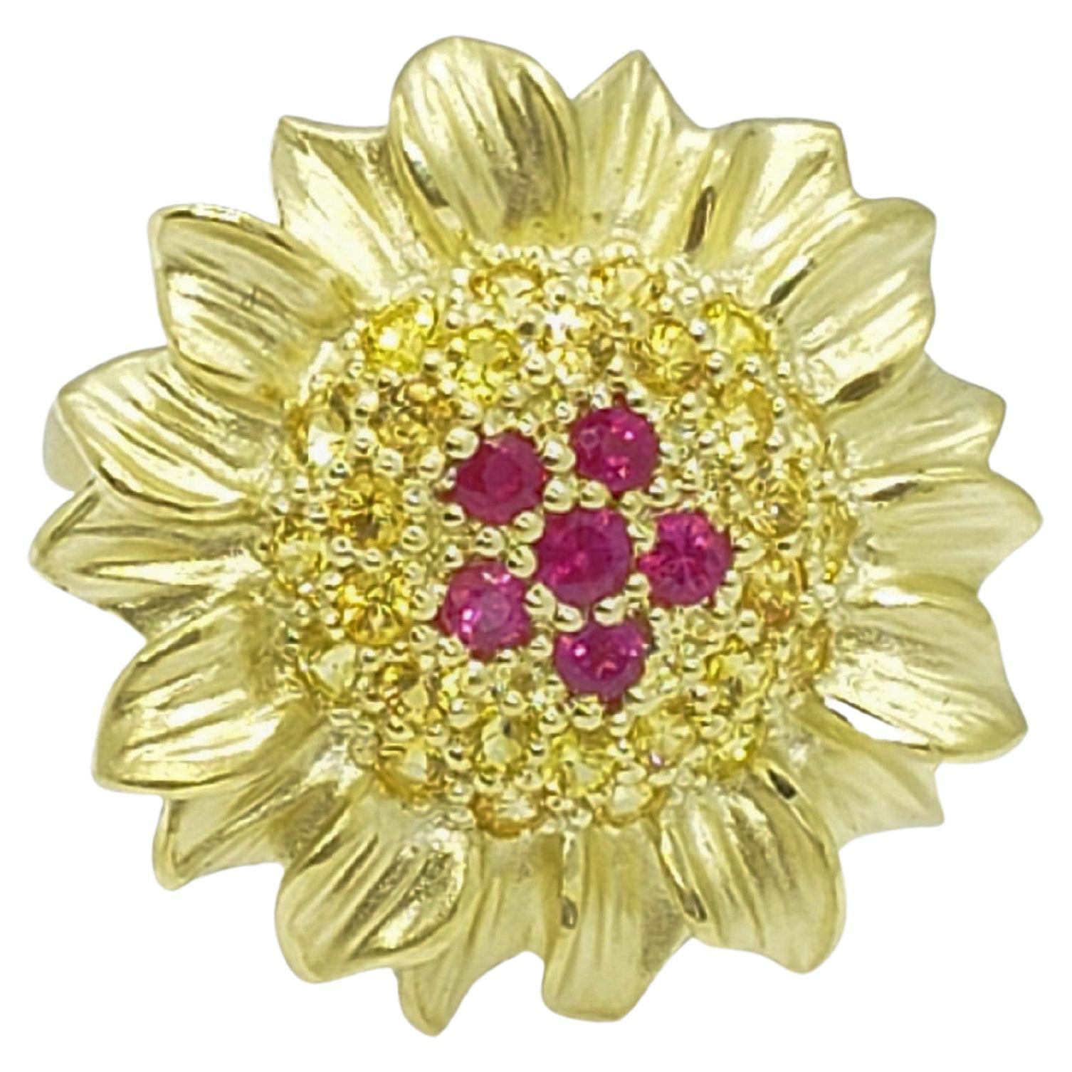 By Popular Demand, Medium Sunflower Ring in 14K Gold and Ruby and Sapphire For Sale