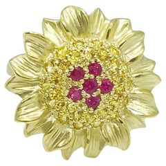 Used By Popular Demand, Medium Sunflower Ring in 14K Gold and Ruby and Sapphire