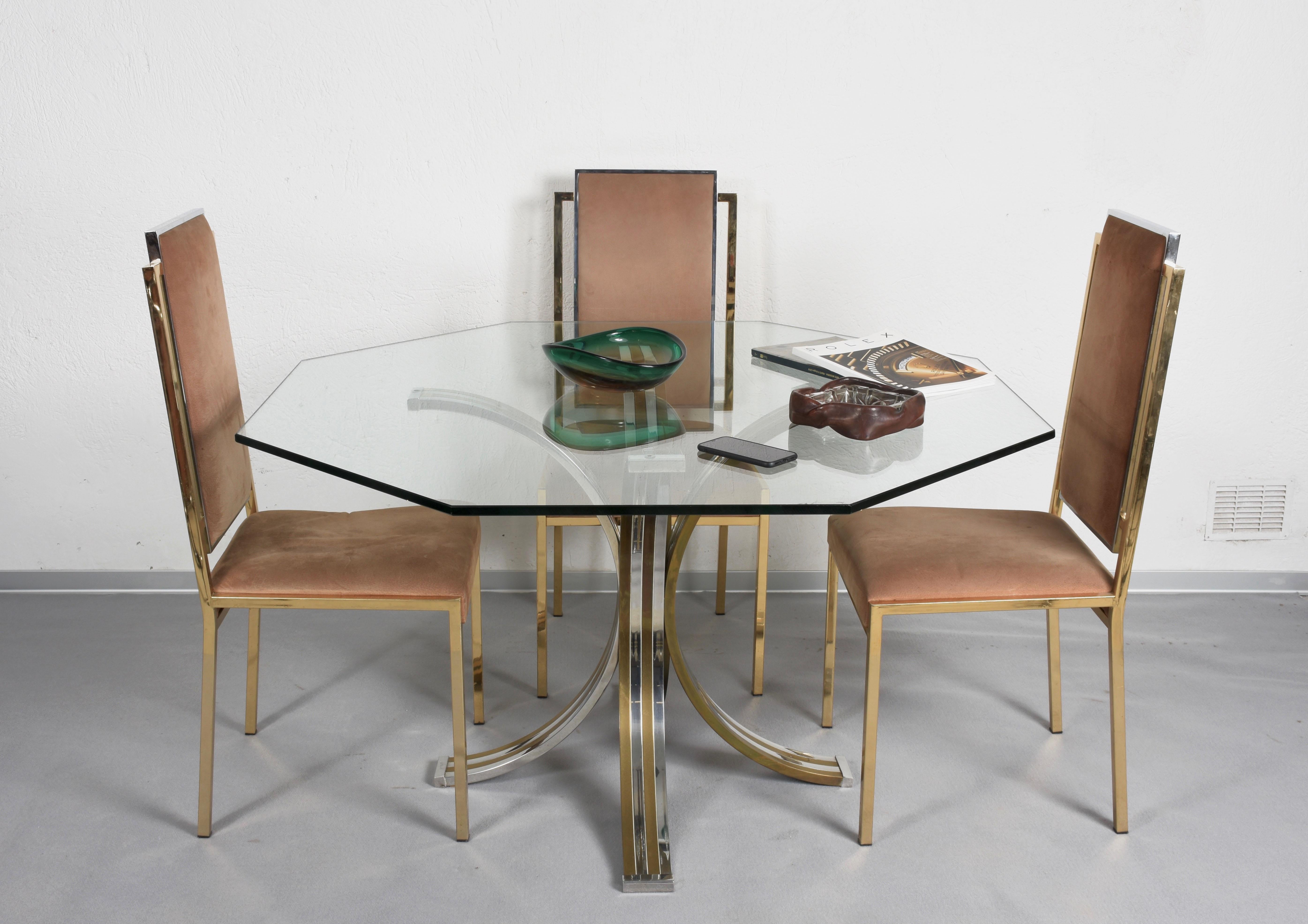 Brass and Chrome Octagonal Glass Italian Dining Table after Romeo Rega, 1970s For Sale 2