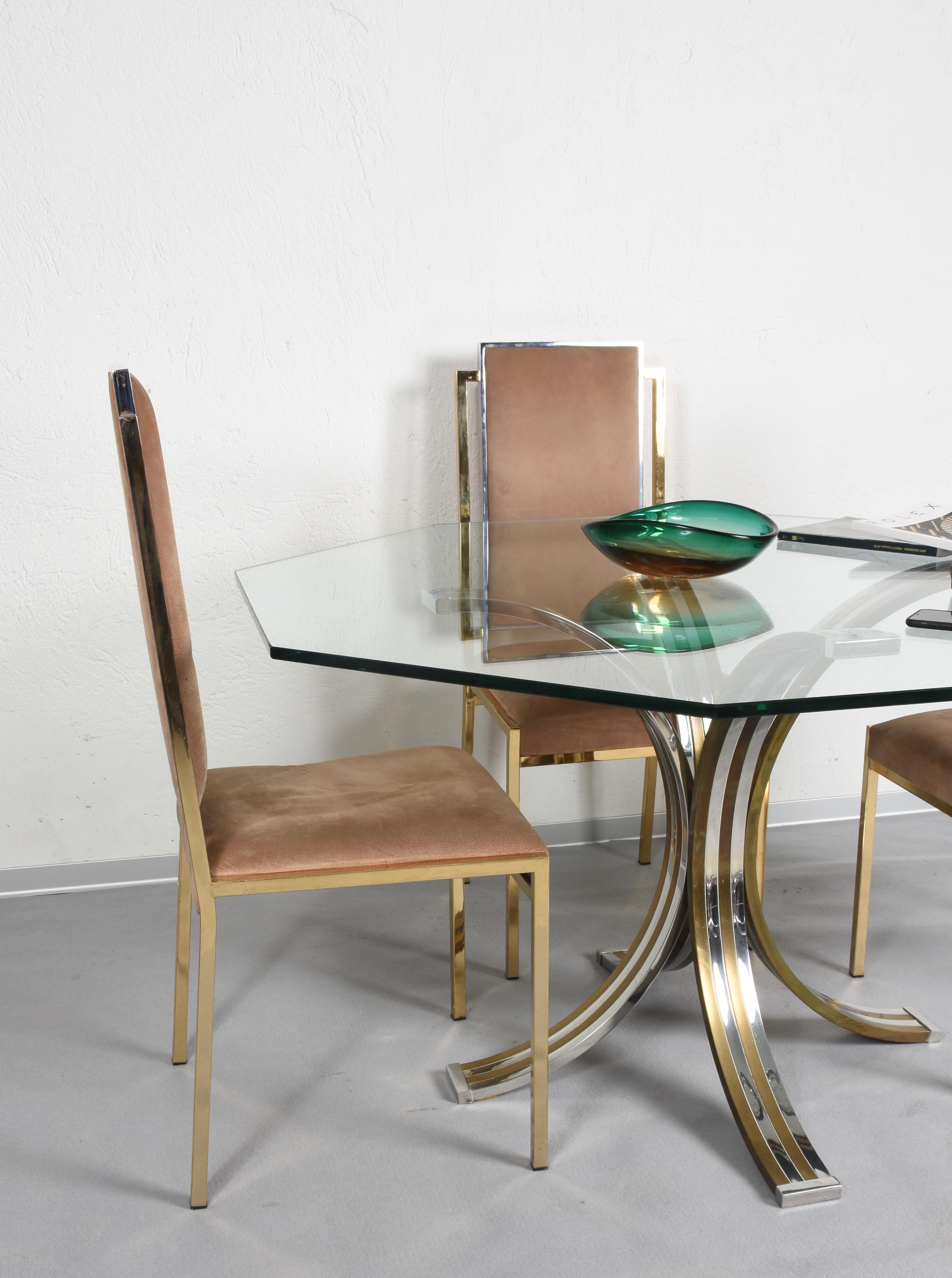 Brass and Chrome Octagonal Glass Italian Dining Table after Romeo Rega, 1970s For Sale 3
