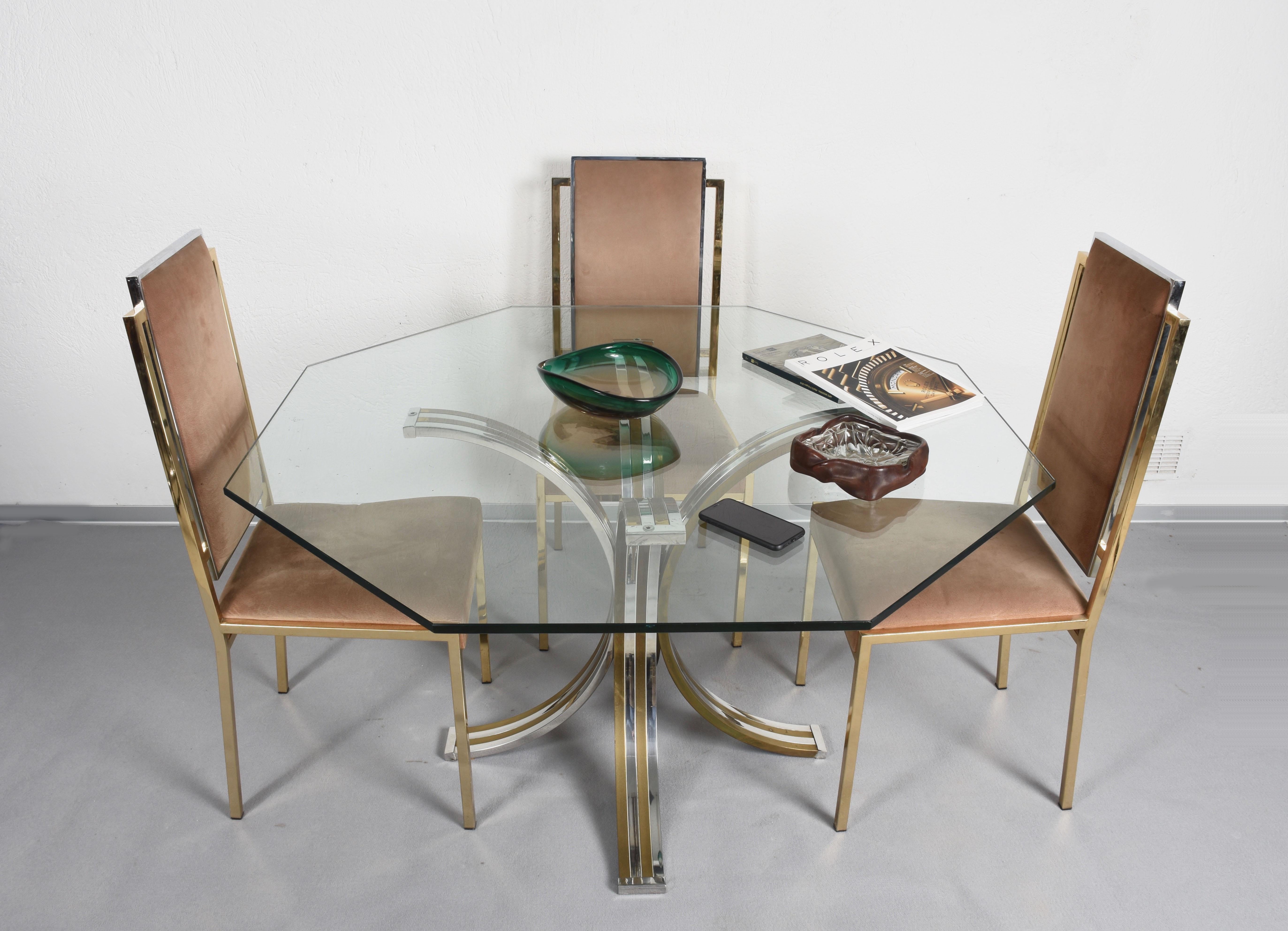 Brass and Chrome Octagonal Glass Italian Dining Table after Romeo Rega, 1970s For Sale 4